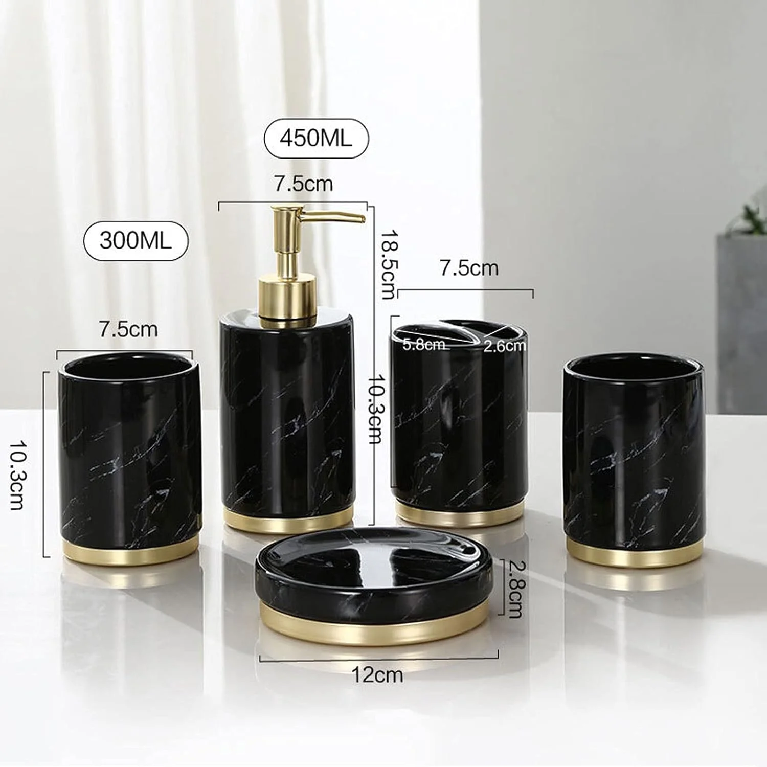 جا مایع دستشویی طرح سنگ مرمر سیاه و سفید، ست 6 تکه جا مایع ظرفشویی سرامیکی، مناسب منزل، هتل، حمام، آشپزخانه، لوازم جانبی حمام هتل، جا لوسیون