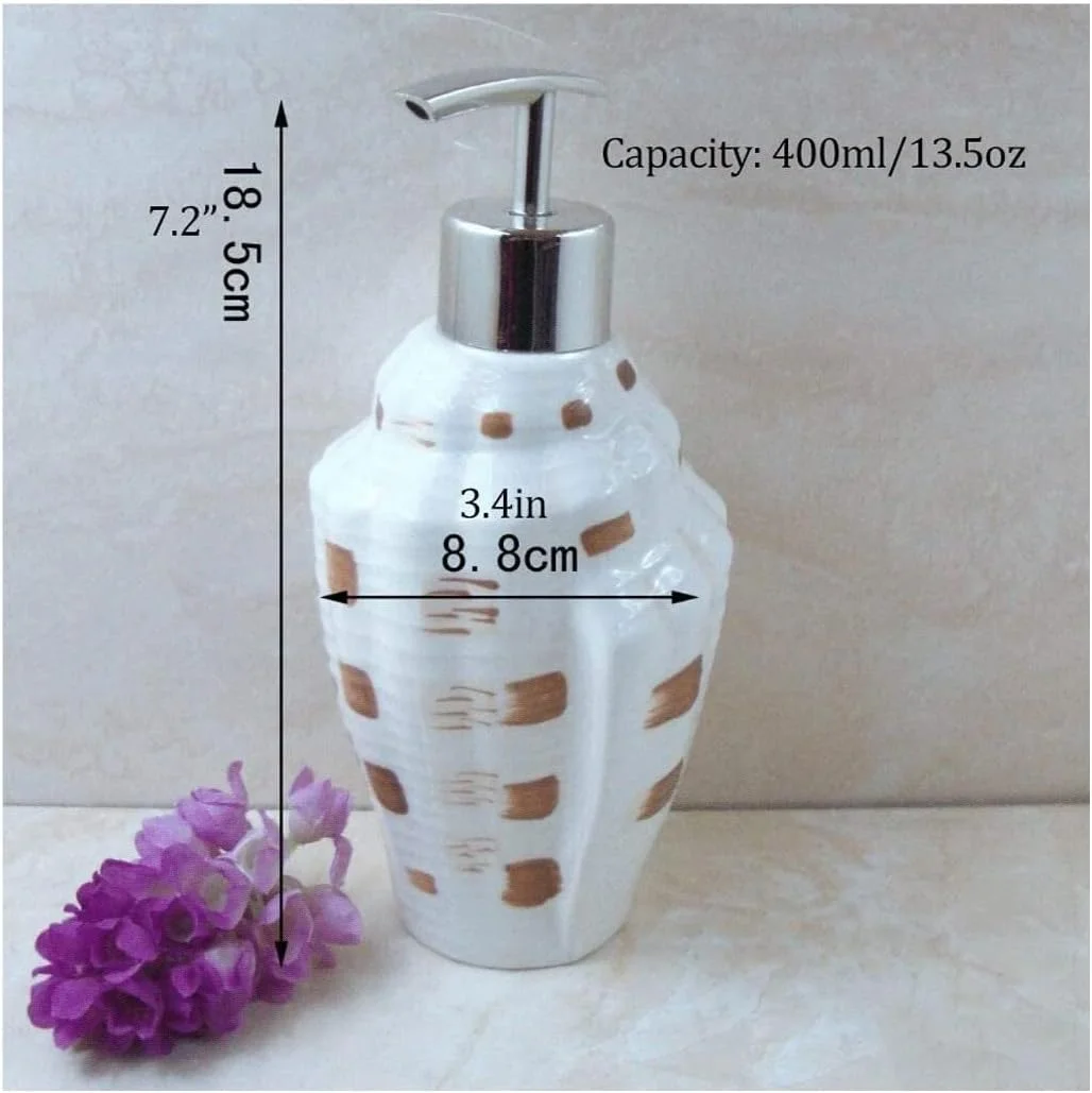 جامایع ظرفشویی طرح صدف اقیانوسی، پمپ سفید رنگ با سر پمپ پلاستیکی نقره ای، یک عدد بطری پخش کننده لوسیون برای حمام و آشپزخانه