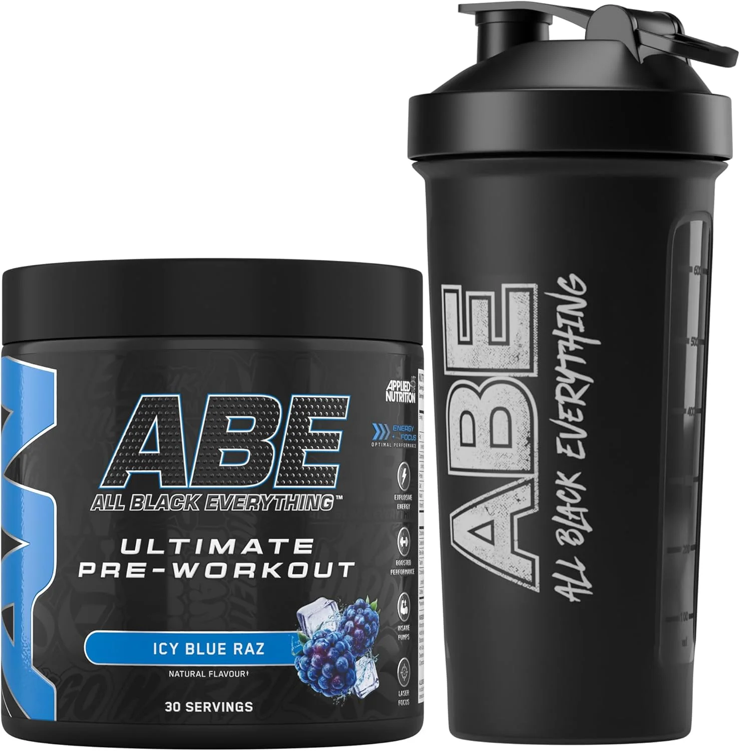 بسته تغذیه کاربردی ABE قبل از تمرین 375 گرم + شیکر مشکی ABE 700 میلی لیتر | پودر قبل از تمرین All Black Everything، نوشیدنی انرژی زا، عملکرد فیزیکی، کراتین، بتا آلانین، کافئین (یخی بلورزبری)