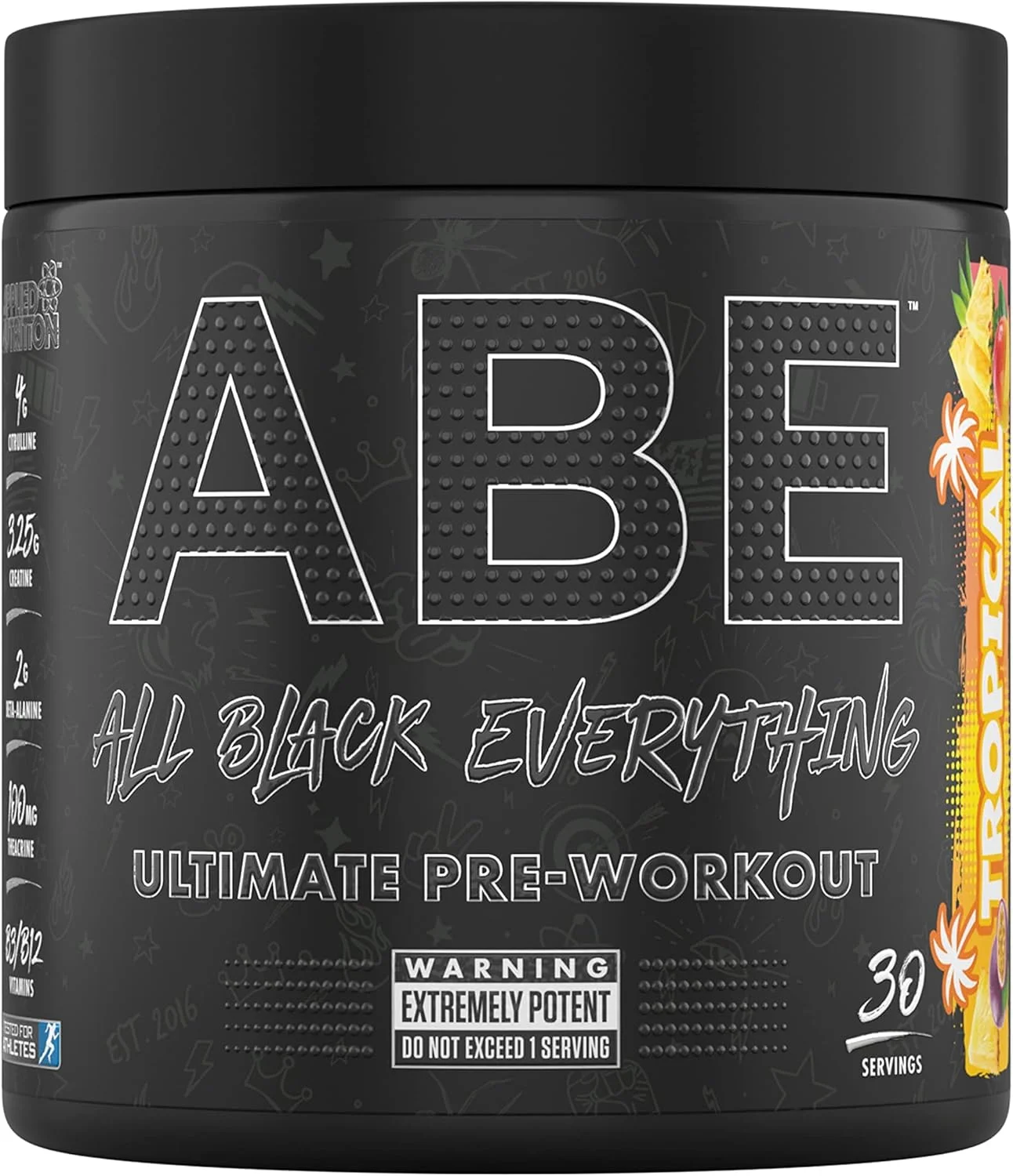 پودر مکمل قبل از تمرین Applied Nutrition ABE All Black Everything برای انرژی و عملکرد فیزیکی، حاوی سیترولین، کراتین، بتا آلانین، کافئین و کمپلکس ویتامین B (30 سروینگ، استوایی)