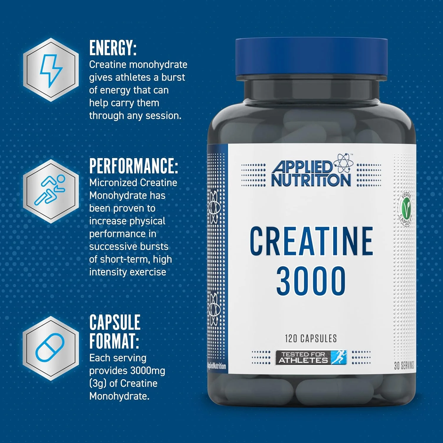 Applied Nutrition Creatine 3000 - Creatine Monohydrate Capsules 3000mg Per Serving, High Strength Supplement, Increases Physical Performance (120 Capsules - 30 Servings) Applied Nutrition Creatine 3000 - Creatine Monohydrate Capsules 3000mg Per Serving, High Strength Supplement, Increases Physical Performance (120 Capsules - 30 Servings)