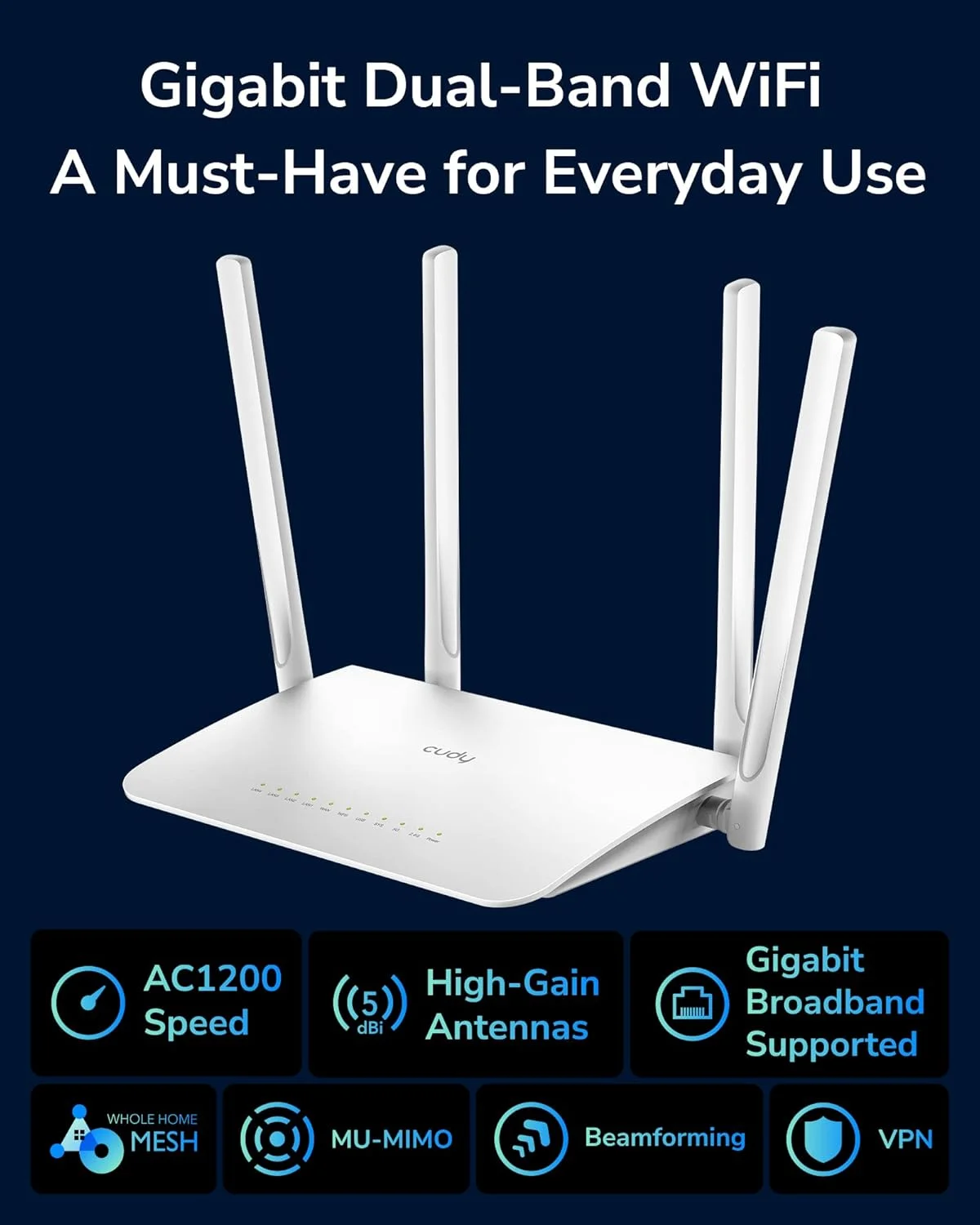 مودم روتر وای فای گیگابیتی هوشمند Cudy AC1200، روتر اینترنت بی سیم دو بانده 5 گیگاهرتز، LAN 1000 مگابیت بر ثانیه، آنتن 5 dBi برای برد طولانی، VPN، وای فای مهمان و حالت AP، مدل WR1300