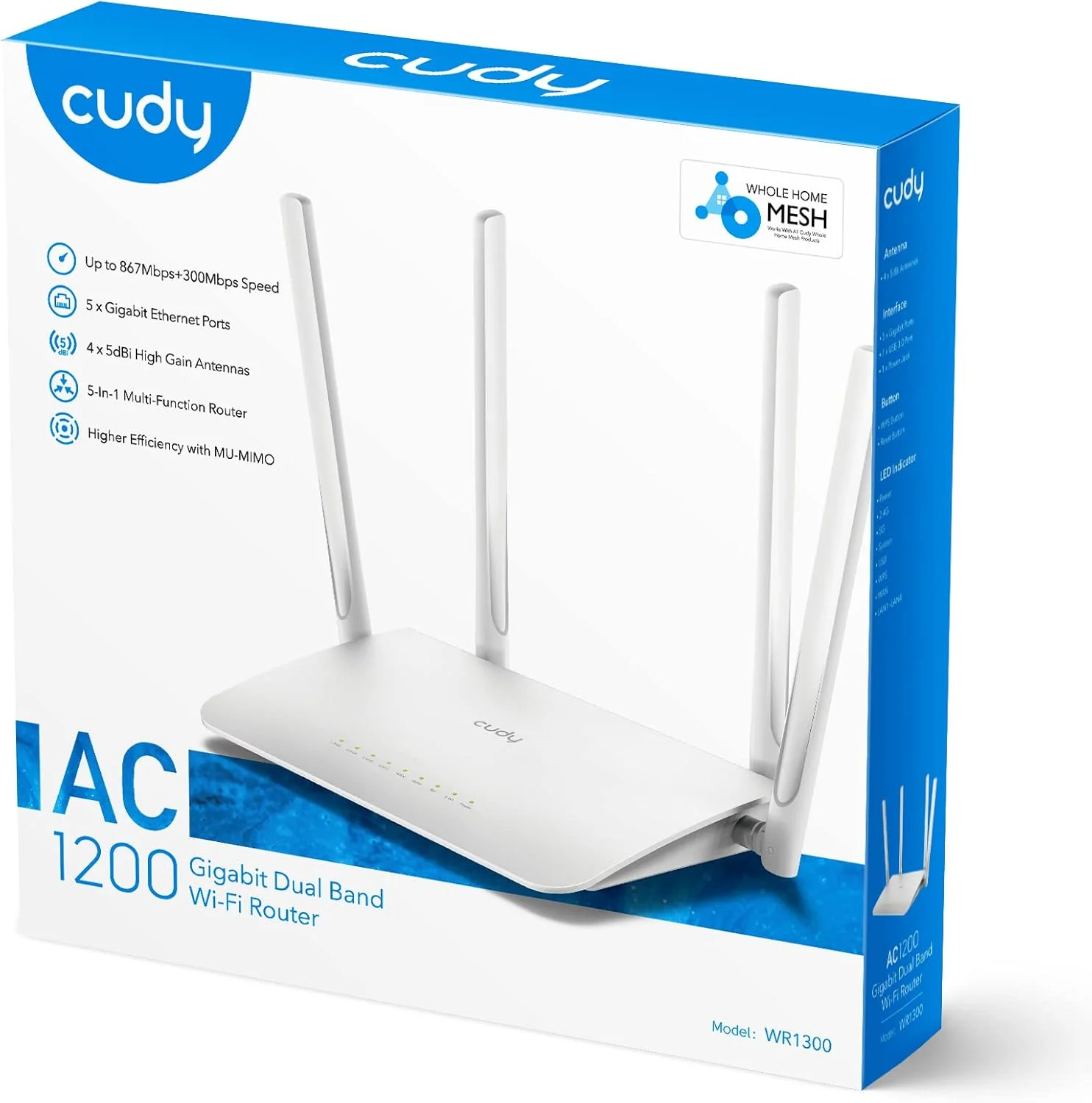 مودم روتر وای فای گیگابیتی هوشمند Cudy AC1200، روتر اینترنت بی سیم دو بانده 5 گیگاهرتز، LAN 1000 مگابیت بر ثانیه، آنتن 5 dBi برای برد طولانی، VPN، وای فای مهمان و حالت AP، مدل WR1300