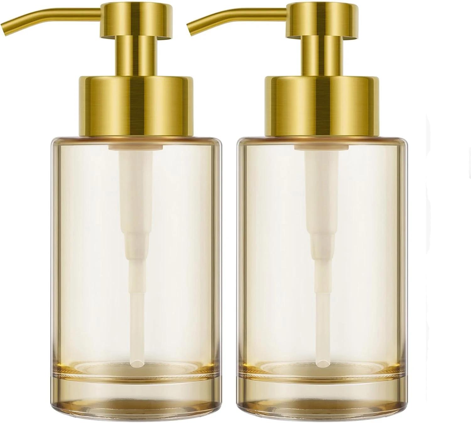 دوقلو دیسپنسر صابون شیشه‌ای کهربایی با پمپ و برچسب استیل ضد زنگ، دیسپنسر صابون مایع طلایی شیشه‌ای ضخیم ۱۲ اونسی، دیسپنسر صابون کهربایی قابل پر کردن، دیسپنسر صابون شفاف برای حمام و آشپزخانه
