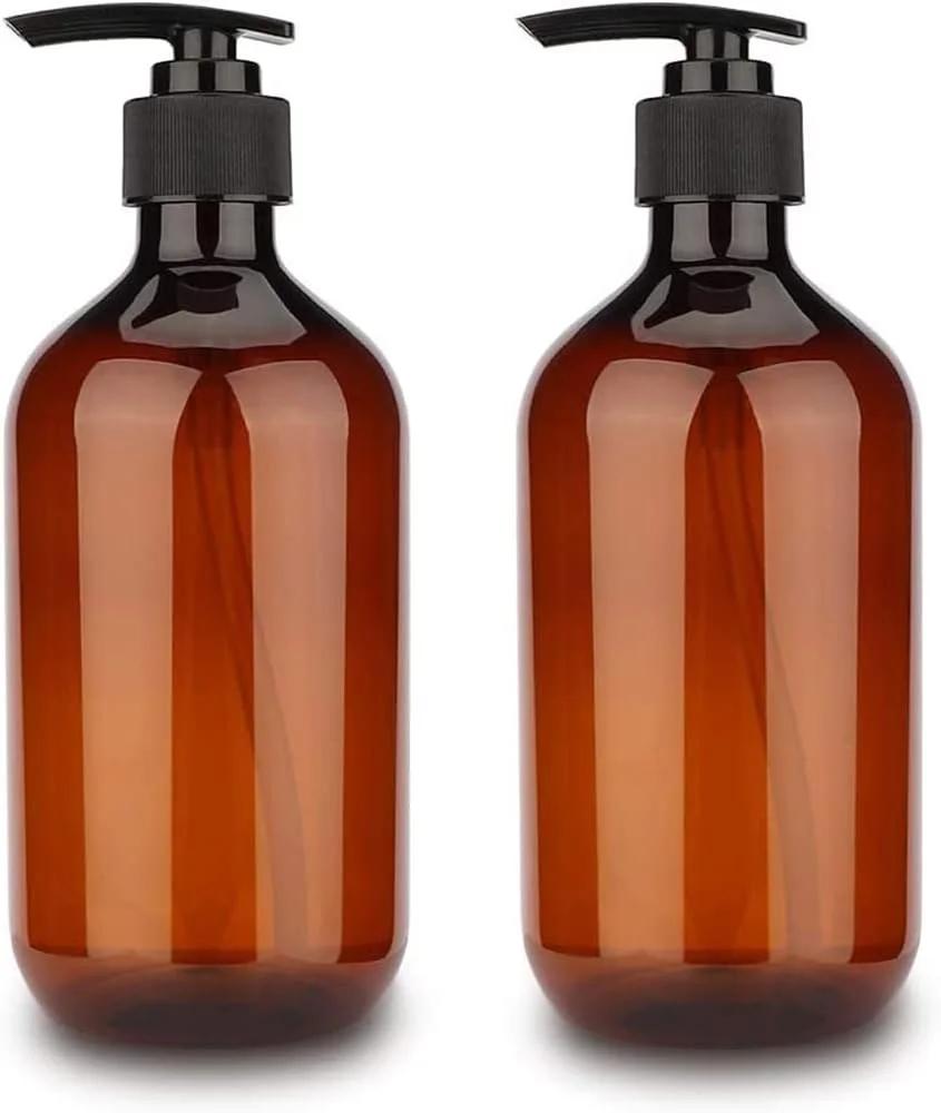 بطری پمپ شامپو، ژل دست، پلاستیکی PET کهربایی خالی و قابل پر کردن مجدد برای شامپو، نرم کننده و شستشوی حمام، آشپزخانه، اداره، اتاق لباسشویی، لوسیون و موارد دیگر 2 عدد 500 میلی لیتر، قهوه ای
