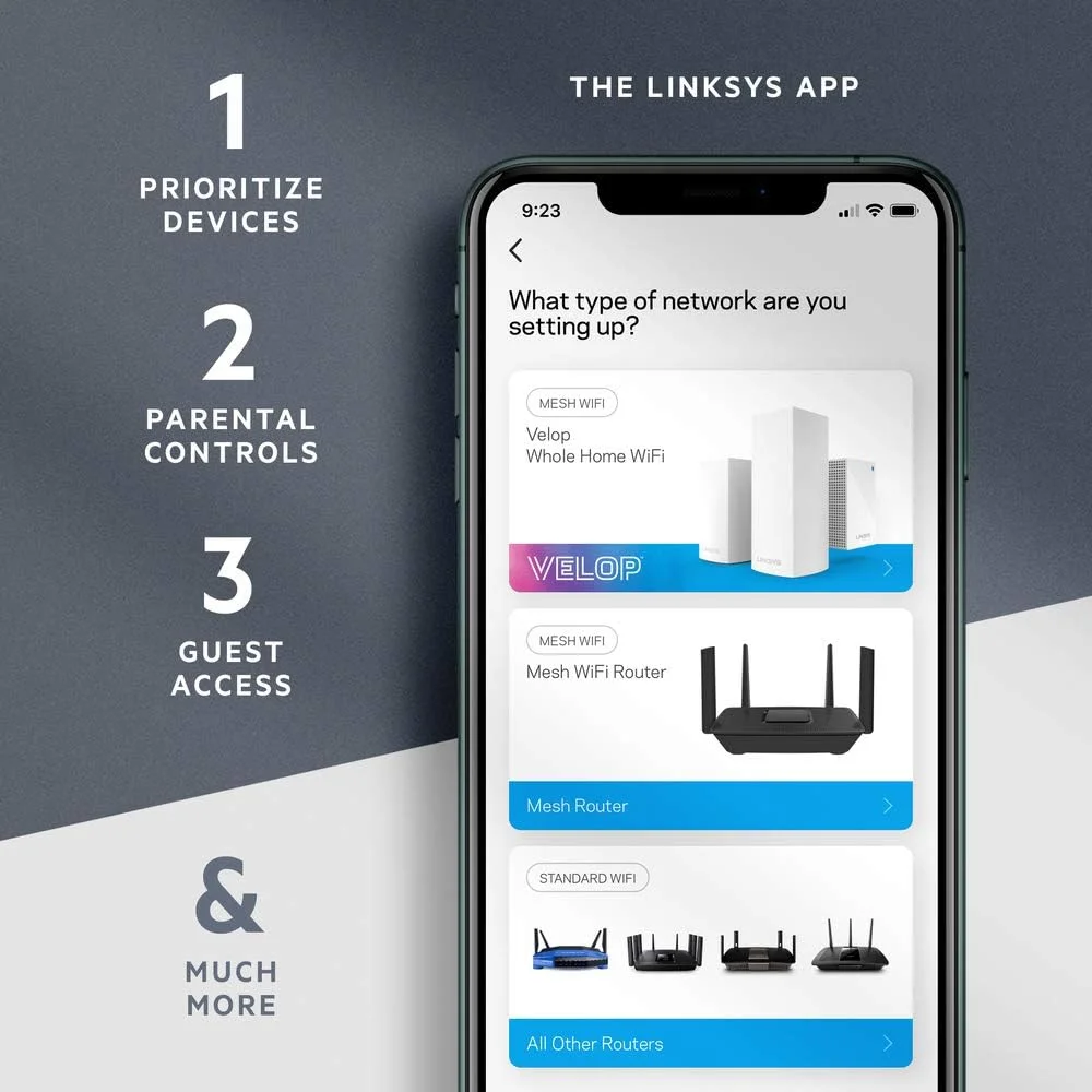 روتر وای فای مش هوشمند Linksys AC1200، روتر مش گیگابیتی بی سیم دو بانده، سرعت تا 1.3 گیگابیت بر ثانیه، پوشش تا 1200 فوت مربع، پشتیبانی از 12+ دستگاه، کنترل والدین، سازگار با الکسا