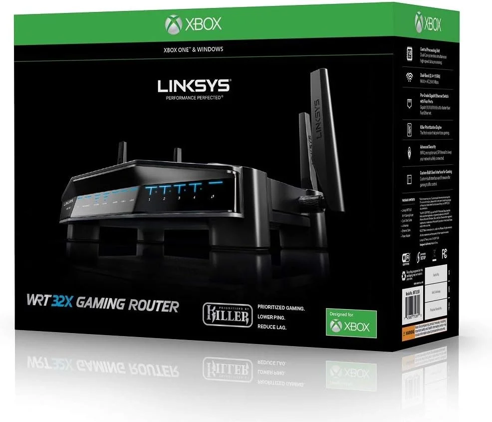 روتر گیمینگ وای فای Linksys WRT بهینه شده برای Xbox، موتور اولویت بندی Killer برای کاهش حداکثر پینگ و تاخیر، دو بانده، 4 پورت گیگابیتی، AC3200 (WRT32XB)