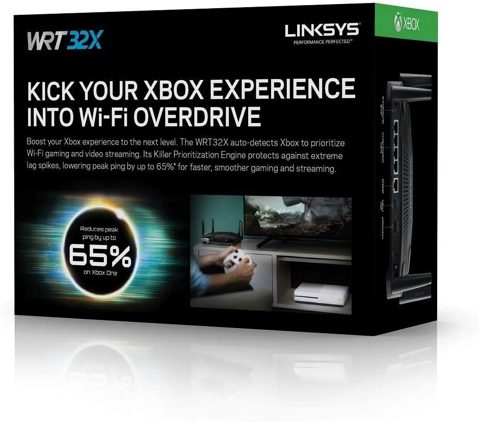 روتر گیمینگ وای فای Linksys WRT بهینه شده برای Xbox، موتور اولویت بندی Killer برای کاهش حداکثر پینگ و تاخیر، دو بانده، 4 پورت گیگابیتی، AC3200 (WRT32XB)