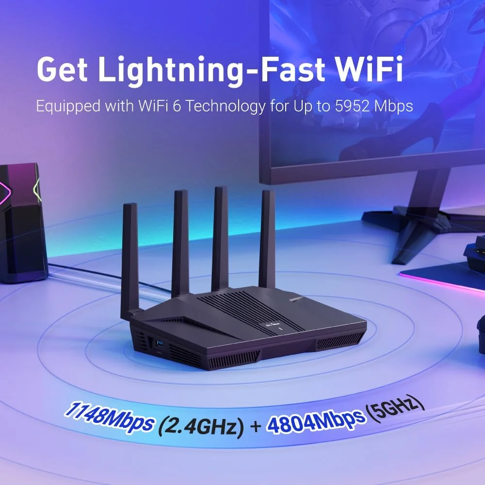 روتر وای فای 6 GL.iNet GL-MT6000 (Flint 2) | روتر وای فای گیمینگ | دارای 2 پورت 2.5G Multi-Gig + 4 پورت اترنت 1G | اتصال انبوه دستگاه | OpenVpn و WireGuard سریع | 802.11ax | پوشش دهی طولانی