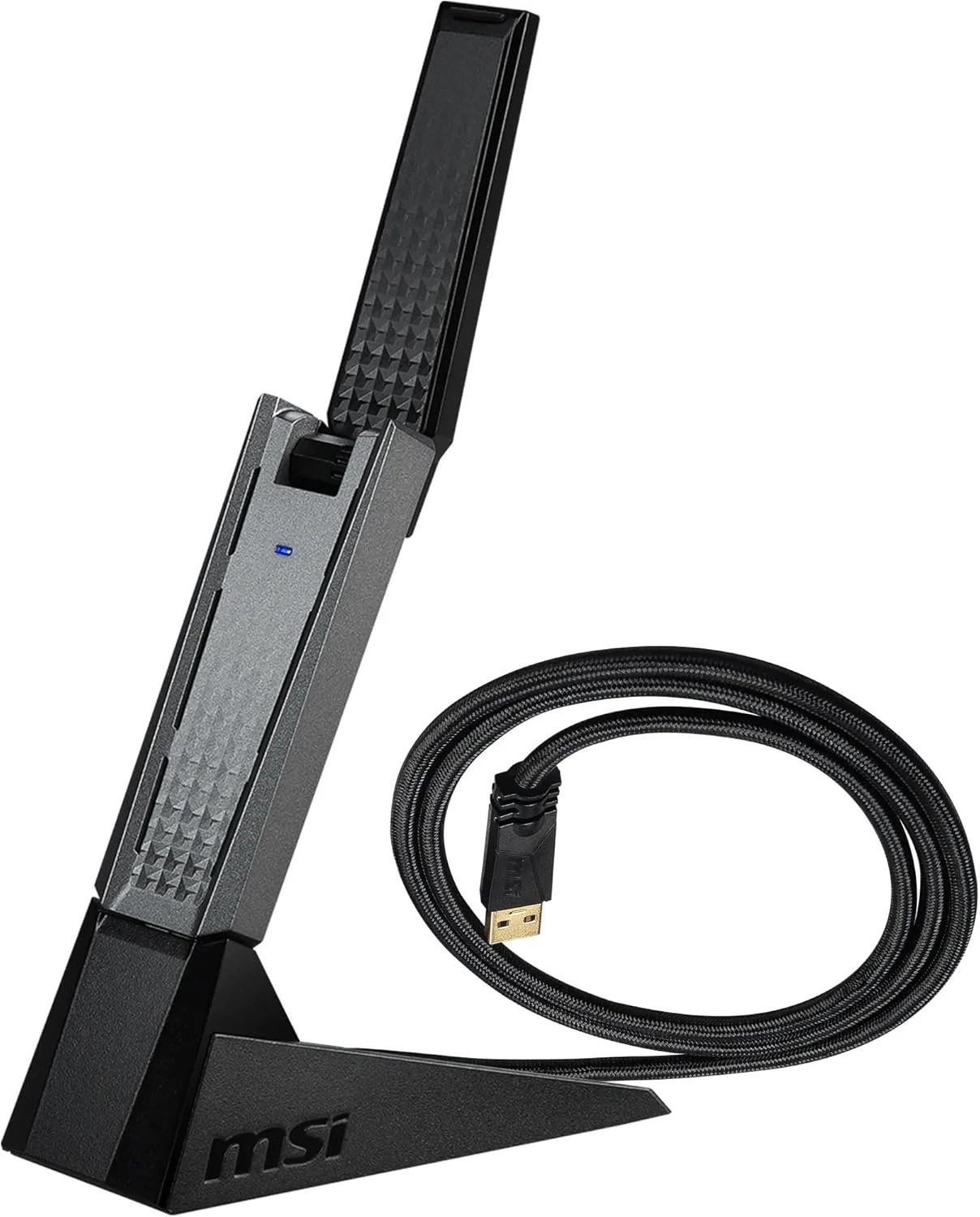 آداپتور USB دو بانده MSI AX1800 WiFi 6 - WLAN تا 1800 مگابیت بر ثانیه (بی سیم 5 گیگاهرتز، 2.4 گیگاهرتز)، USB 3.2 Gen 1 Type-A، MU-MIMO، آنتن قابل تنظیم، Beamforming، WPA3 - پایه نگهدارنده سیمی گنجانده شده است