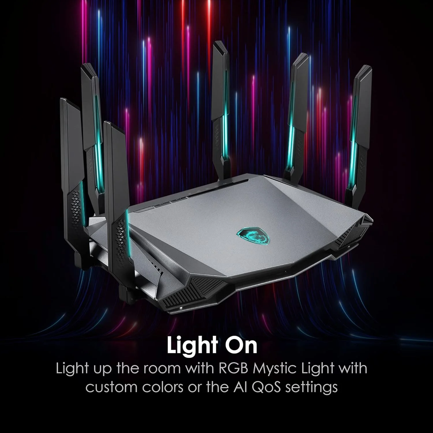 روتر گیمینگ سه بانده MSI Radix AXE6600 WiFi 6E، مجهز به AI QoS، نورپردازی RGB، پردازنده چهار هسته ای 1.8 گیگاهرتز، MU-MIMO، گیگابیت وایرلس، 8-Stream، سرعت بالا و برد طولانی روتر گیمینگ سه بانده MSI Radix AXE6600 WiFi 6E، مجهز به AI QoS، نورپردازی RGB، پردازنده چهار هسته ای 1.8 گیگاهرتز، MU-MIMO، گیگابیت وایرلس، 8-Stream، سرعت بالا و برد طولانی