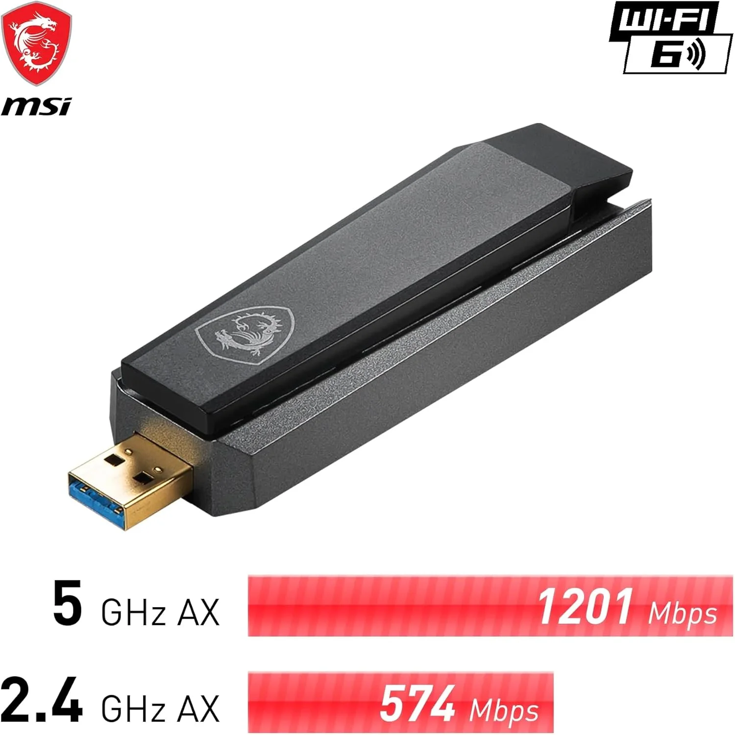 آداپتور USB دو بانده MSI AX1800 WiFi 6 - WLAN تا 1800 مگابیت بر ثانیه (بی سیم 5 گیگاهرتز، 2.4 گیگاهرتز)، USB 3.2 Gen 1 Type-A، MU-MIMO، آنتن قابل تنظیم، Beamforming، WPA3 - پایه نگهدارنده سیمی گنجانده شده است آداپتور USB دو بانده MSI AX1800 WiFi 6 - WLAN تا 1800 مگابیت بر ثانیه (بی سیم 5 گیگاهرتز، 2.4 گیگاهرتز)، USB 3.2 Gen 1 Type-A، MU-MIMO، آنتن قابل تنظیم، Beamforming، WPA3 - پایه نگهدارنده سیمی گنجانده شده است