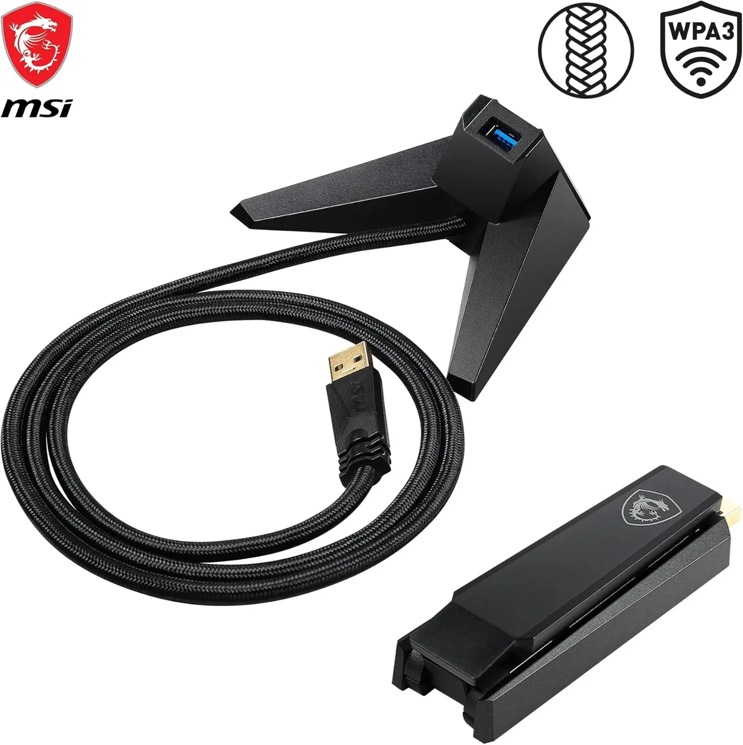 آداپتور USB دو بانده MSI AX1800 WiFi 6 - WLAN تا 1800 مگابیت بر ثانیه (بی سیم 5 گیگاهرتز، 2.4 گیگاهرتز)، USB 3.2 Gen 1 Type-A، MU-MIMO، آنتن قابل تنظیم، Beamforming، WPA3 - پایه نگهدارنده سیمی گنجانده شده است آداپتور USB دو بانده MSI AX1800 WiFi 6 - WLAN تا 1800 مگابیت بر ثانیه (بی سیم 5 گیگاهرتز، 2.4 گیگاهرتز)، USB 3.2 Gen 1 Type-A، MU-MIMO، آنتن قابل تنظیم، Beamforming، WPA3 - پایه نگهدارنده سیمی گنجانده شده است