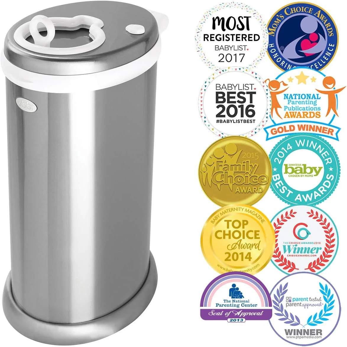 Ubbi Money Saving, Awards Winning, Modern Design Registry Must Have Nappy Pail, Chrome, 1 Count Pack of 1, 10027, Silver
