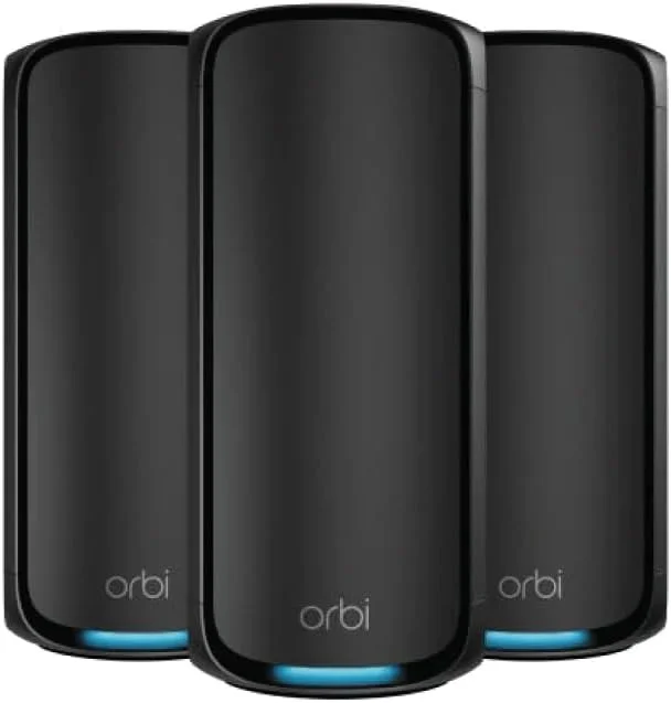 سیستم شبکه مش وای فای 7 چهار بانده Netgear Orbi سری 970 مدل RBE973S، روتر + 2 توسعه دهنده ماهواره ای، پوشش تا 930 متر مربع، 200 دستگاه، پورت اینترنت 10 گیگ، BE27000 تا 27 گیگابیت بر ثانیه - مشکی