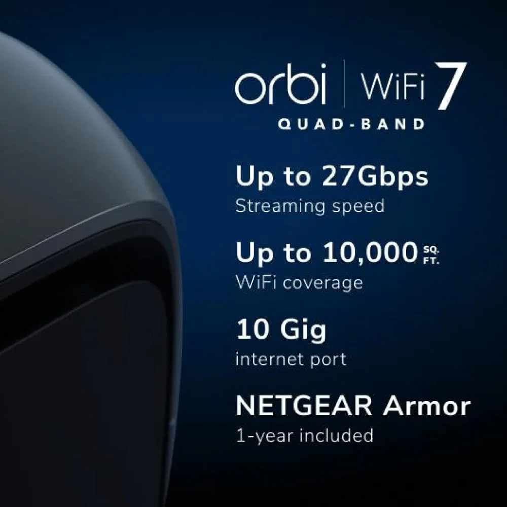 سیستم شبکه مش وای فای 7 چهار بانده Netgear Orbi سری 970 مدل RBE973S، روتر + 2 توسعه دهنده ماهواره ای، پوشش تا 930 متر مربع، 200 دستگاه، پورت اینترنت 10 گیگ، BE27000 تا 27 گیگابیت بر ثانیه - مشکی سیستم شبکه مش وای فای 7 چهار بانده Netgear Orbi سری 970 مدل RBE973S، روتر + 2 توسعه دهنده ماهواره ای، پوشش تا 930 متر مربع، 200 دستگاه، پورت اینترنت 10 گیگ، BE27000 تا 27 گیگابیت بر ثانیه - مشکی