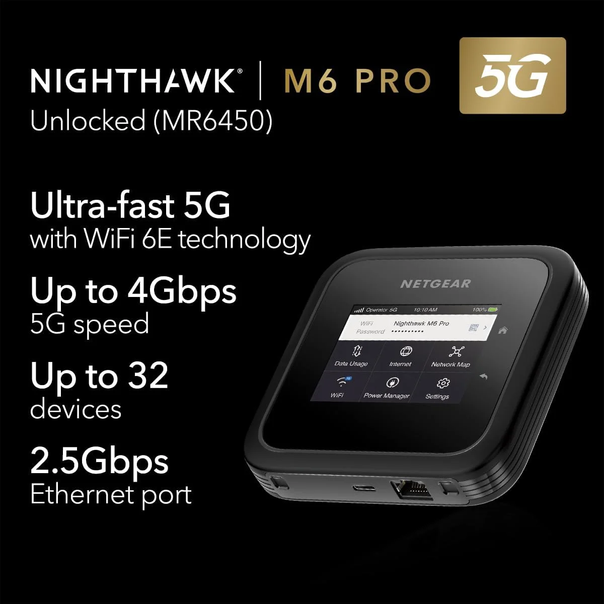 روتر هات اسپات موبایل NETGEAR M6 Pro 5G WiFi 6E، آنلاک شده، تا 4 گیگابیت بر ثانیه، مشکی