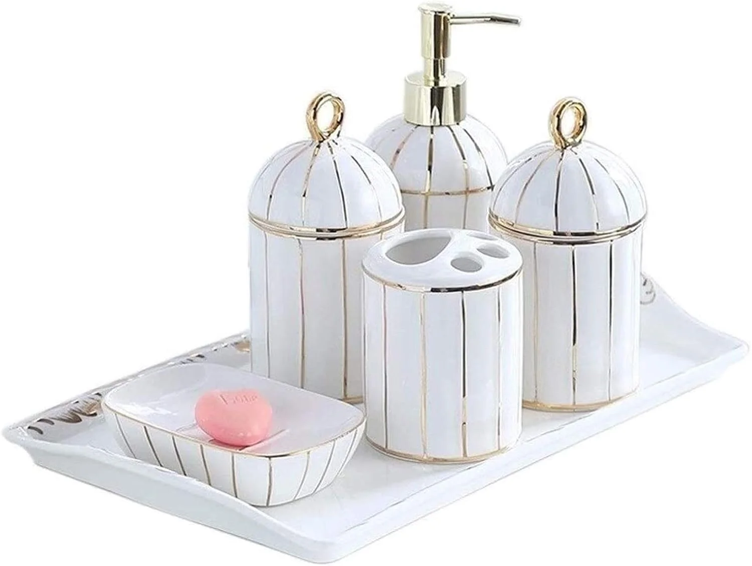 Soap Dispenser with Pump, Empty Refillable Bottle, Soap Dispenser 6-Piece Ceramic Bathroom Accessories Set Countertop Soap Dispenser Soap Dish Mouth Cup Toothbrush