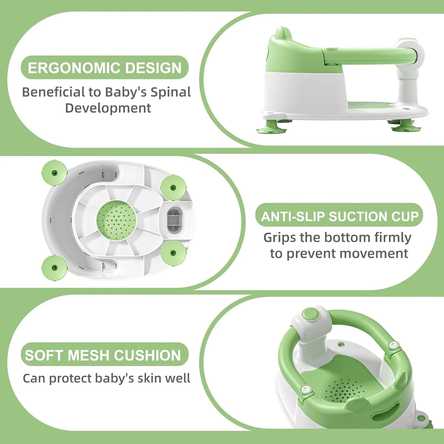 صندلی حمام کودک یو-هوم مناسب برای کودکان 6 ماهه و بالاتر، صندلی وان ضد لغزش با فنجان های مکش، کوسن نرم برای دوش، سبز صندلی حمام کودک یو-هوم مناسب برای کودکان 6 ماهه و بالاتر، صندلی وان ضد لغزش با فنجان های مکش، کوسن نرم برای دوش، سبز