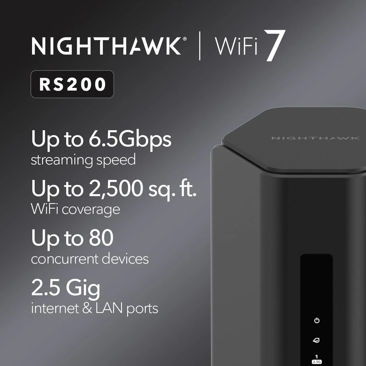 روتر وای فای 7 NETGEAR Nighthawk RS200 – دو بانده BE6500، سرعت 6.5 گیگابیت بر ثانیه، 2.5G WAN/LAN، USB 3.0، امنیت پیشرفته، 4 آنتن داخلی