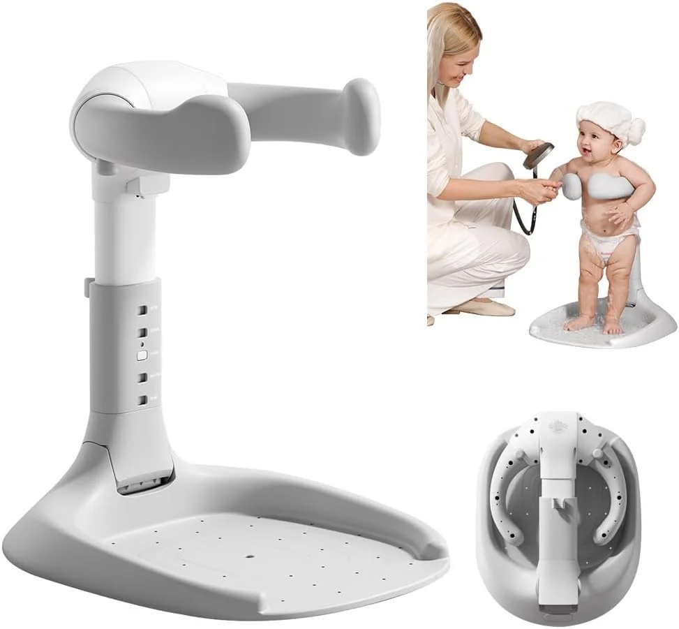 پایه دوش نوزاد، پشتیبانی حمام نوزاد، پایه دوش ایستاده با ارتفاع و تکیه گاه بازوی قابل تنظیم، پایه حمام با ضد لغزش و نگهدارنده سر دوش، لوازم ضروری حمام برای نوزادان