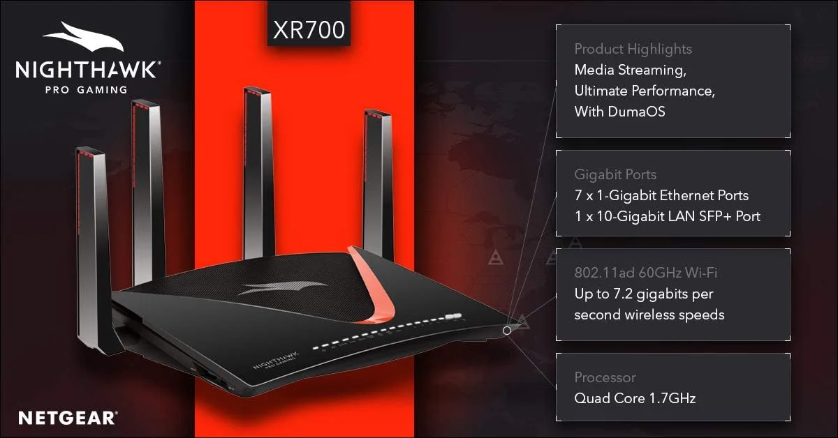 روتر گیمینگ حرفه ای NETGEAR Nighthawk 10G Pro | قابلیت LAN 10 گیگابیتی | وای فای 60 گیگاهرتز | آنتن های فعال با کارایی بالا | پردازنده قدرتمند 1.7 گیگاهرتزی چهار هسته ای | دو پورت USB 3.0 | XR700