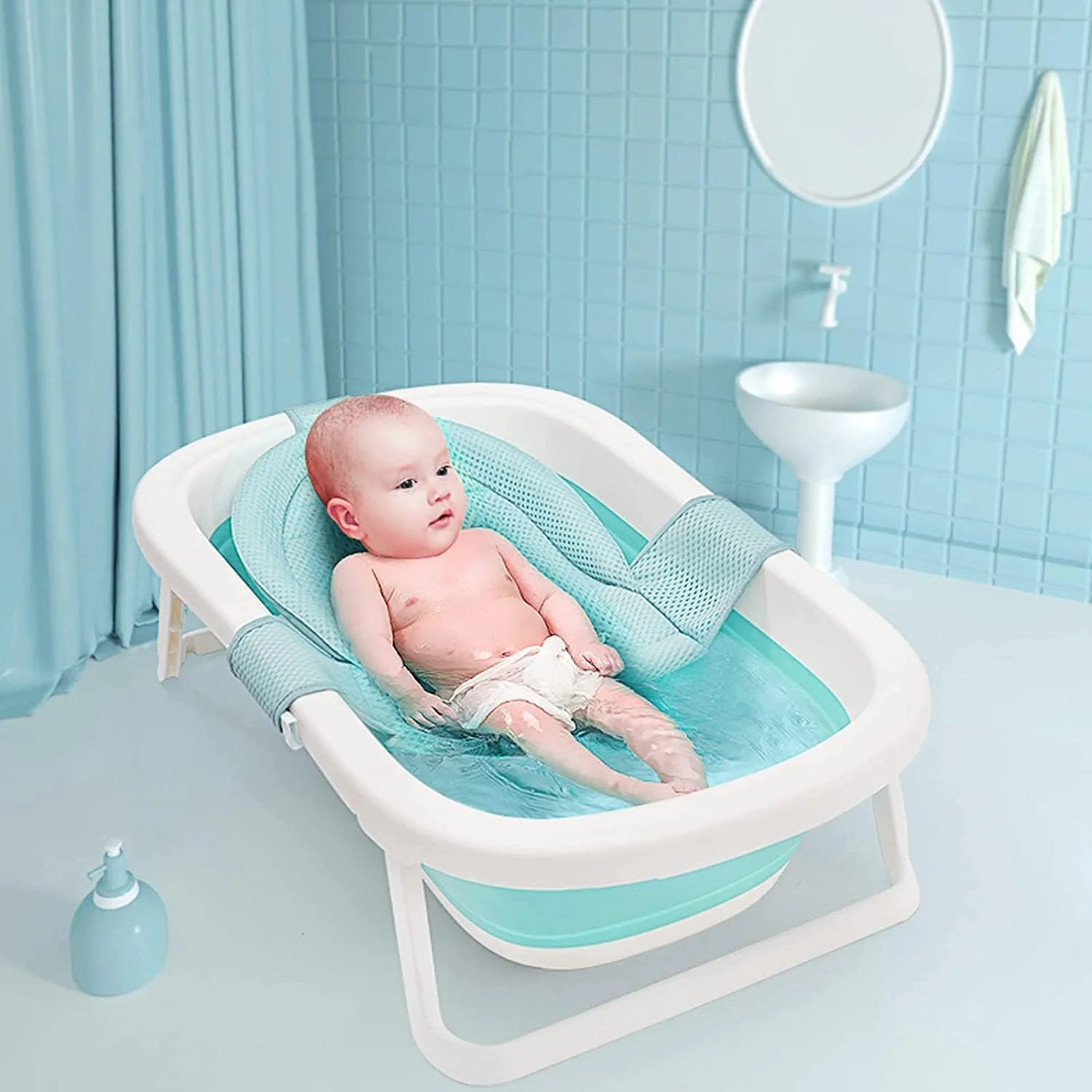 توری حمام نوزاد ضد آفتاب، پد بالشتکی حمام نوزاد، توری پشتیبانی از صندلی نوزاد، توری دوش وان ضد لغزش، سه لایه میانی ضد نشت، پارچه سازگار با پوست، مناسب برای نوزادان و کودکان نوپا