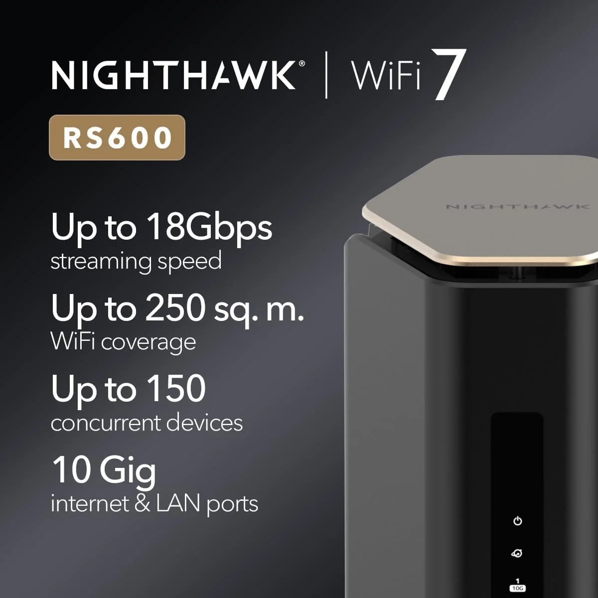 روتر NETGEAR Nighthawk RS600 WiFi 7 – BE18000، سه بانده، 18 گیگابیت در ثانیه، 10GbE + 3×1GbE LAN، WPA3، USB 3.0، پردازنده چهار هسته ای 2 گیگاهرتز، پوشش 3300 فوت مربع
