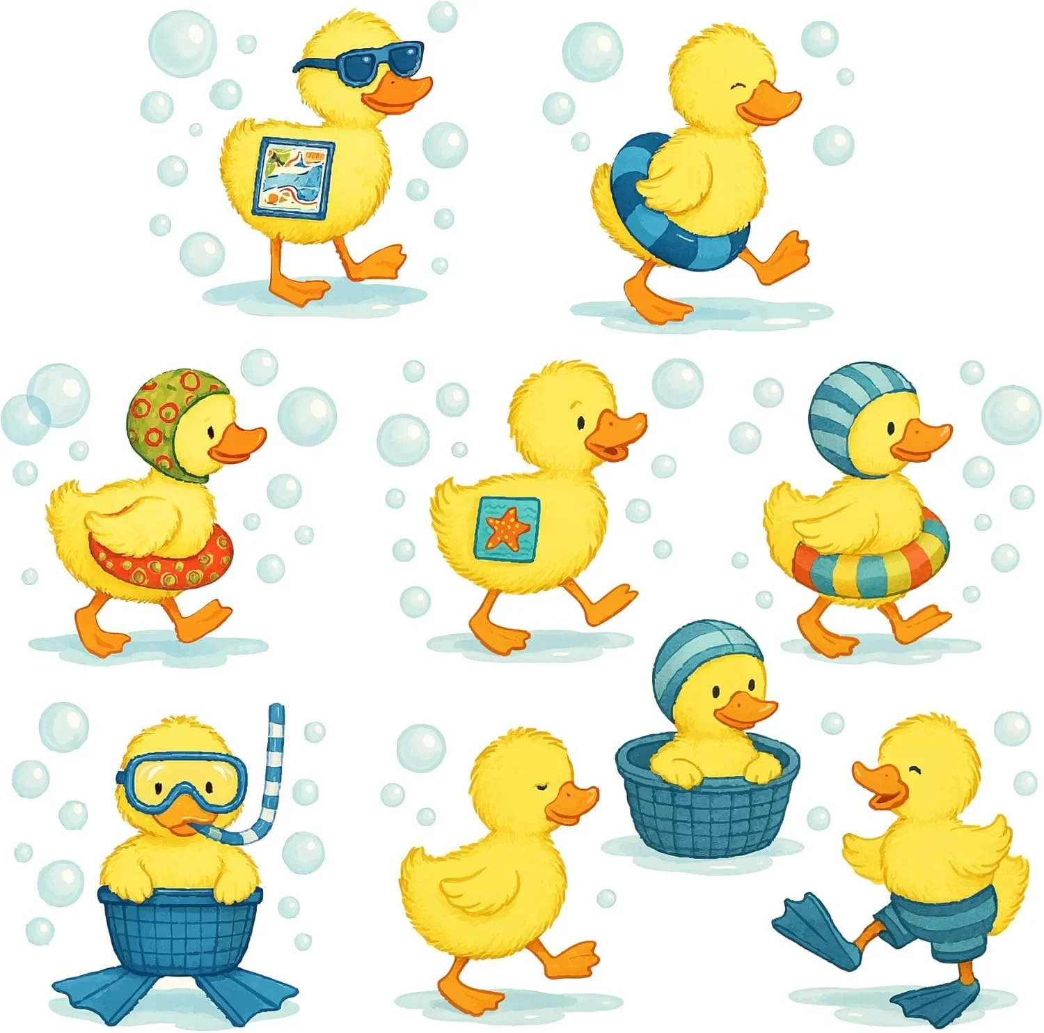 برچسب دیواری اردک بامزه برای حمام، 9 برچسب ضد آب قابل جابجایی برای وان کودک و اتاق نوزاد، جوجه اردک زرد خنده دار با حباب و لوازم جانبی، هر کدام 25 سانتی متر ارتفاع