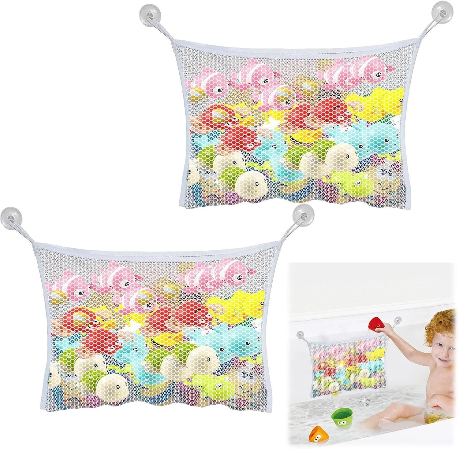 تورهای نگهداری اسباب بازی حمام، 2 عدد کیف توری سازمان دهنده اسباب بازی حمام کودک با مکنده های قوی، نگهدارنده اسباب بازی وان حمام ضد آب و بادوام، نصب آسان و مرتب کننده اسباب بازی حمام، 35x45 سانتی متر
