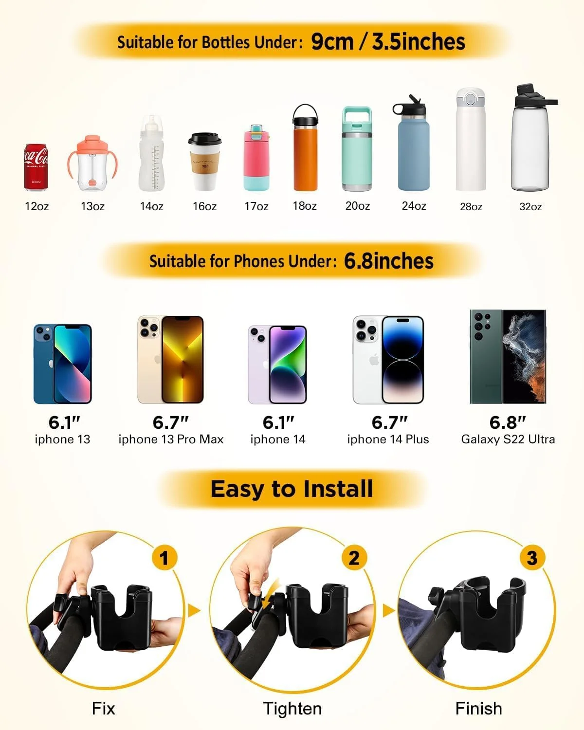 جا لیوانی چند منظوره برای کالسکه کودک، نگهدارنده بطری شیر و آب، مناسب برای دوچرخه و ویلچر - مشکی