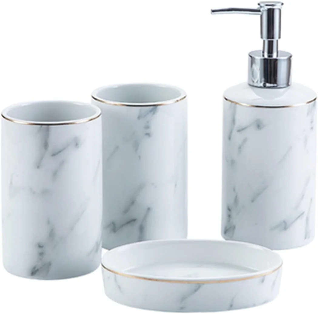 پمپ مایع دستشویی طرح مرمر سفید، ست 4 تکه سرامیکی مدرن و خلاقانه، مناسب منزل، هتل، حمام، آشپزخانه، شامل بطری مایع دستشویی، جای مسواک و جا صابونی پمپ مایع دستشویی طرح مرمر سفید، ست 4 تکه سرامیکی مدرن و خلاقانه، مناسب منزل، هتل، حمام، آشپزخانه، شامل بطری مایع دستشویی، جای مسواک و جا صابونی