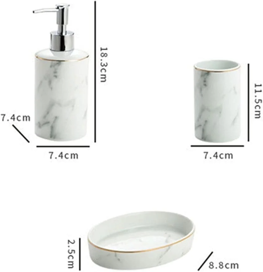پمپ مایع دستشویی طرح مرمر سفید، ست 4 تکه سرامیکی مدرن و خلاقانه، مناسب منزل، هتل، حمام، آشپزخانه، شامل بطری مایع دستشویی، جای مسواک و جا صابونی