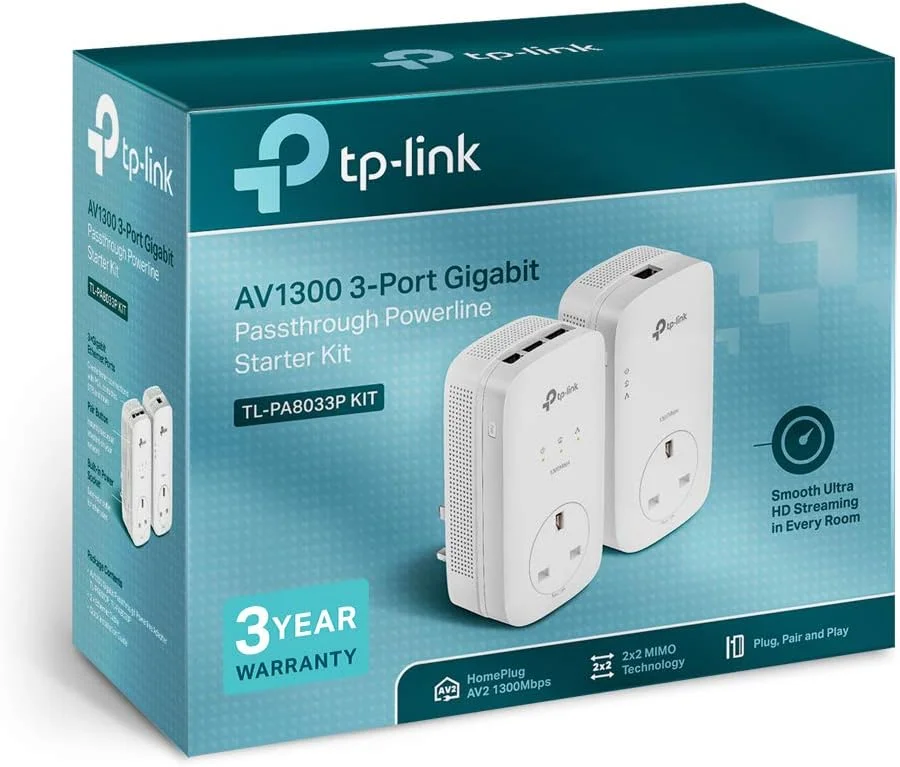 کیت استارتر آداپتور پاورلاین گیگابیتی عبوری TP-Link TL-PA8033PKIT AV1300 2x2 MIMO، آداپتورهای شبکه پاورلاین با 3 پورت گیگابیتی برای تلویزیون های هوشمند یا کنسول های بازی، بدون نیاز به پیکربندی کیت استارتر آداپتور پاورلاین گیگابیتی عبوری TP-Link TL-PA8033PKIT AV1300 2x2 MIMO، آداپتورهای شبکه پاورلاین با 3 پورت گیگابیتی برای تلویزیون های هوشمند یا کنسول های بازی، بدون نیاز به پیکربندی