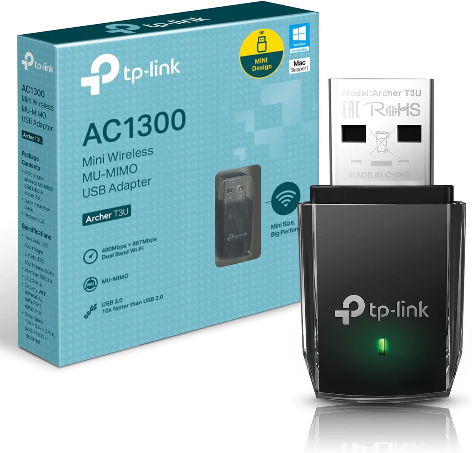 آداپتور USB بی سیم دو بانده TP-Link با سرعت 1300 مگابیت بر ثانیه، آنتن دوگانه 3dBi، پشتیبانی از ویندوز 8.1/8/7/XP، مک OS، لینوکس (Archer T3U)
