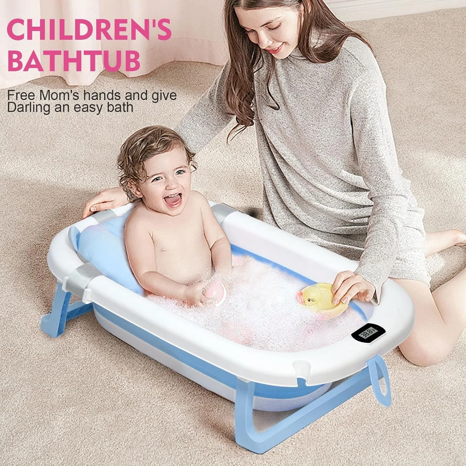 وان حمام تاشو کودک SKY-TOUCH به همراه بالشتک تشک حمام و دماسنج، وان حمام قابل حمل کودک با سوراخ تخلیه، حوضچه دوش با پایه نگهدارنده ضد لغزش برای دختر پسر (آبی) وان حمام تاشو کودک SKY-TOUCH به همراه بالشتک تشک حمام و دماسنج، وان حمام قابل حمل کودک با سوراخ تخلیه، حوضچه دوش با پایه نگهدارنده ضد لغزش برای دختر پسر (آبی)