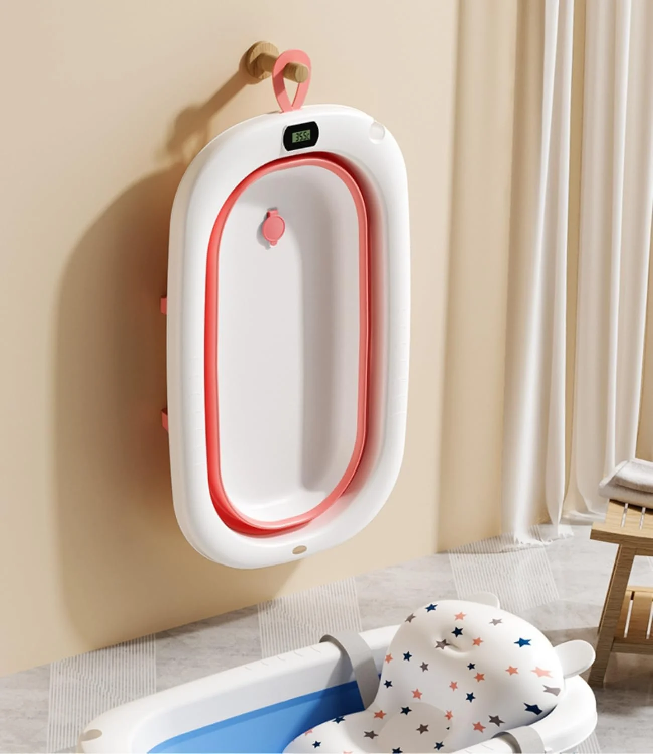 وان تاشو کودک SKY-TOUCH به همراه تشک نرم و دماسنج، وان حمام نوزاد با سوراخ تخلیه، پایه های ضد لغزش مناسب برای کودکان 0-6 سال (صورتی)