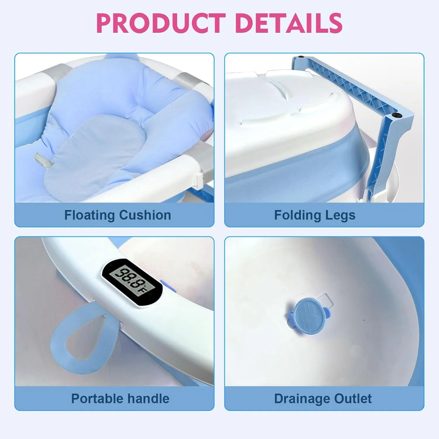 وان حمام تاشو کودک SKY-TOUCH به همراه بالشتک تشک حمام و دماسنج، وان حمام قابل حمل کودک با سوراخ تخلیه، حوضچه دوش با پایه نگهدارنده ضد لغزش برای دختر پسر (آبی) وان حمام تاشو کودک SKY-TOUCH به همراه بالشتک تشک حمام و دماسنج، وان حمام قابل حمل کودک با سوراخ تخلیه، حوضچه دوش با پایه نگهدارنده ضد لغزش برای دختر پسر (آبی)