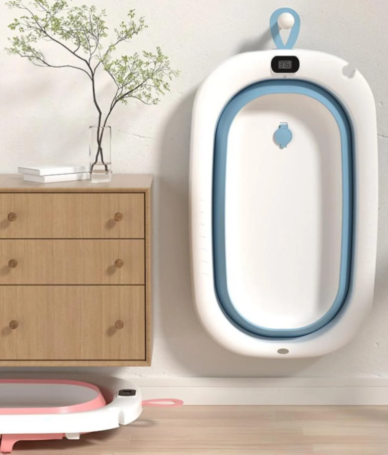 وان تاشو کودک SKY-TOUCH به همراه تشک نرم و دماسنج، وان حمام نوزاد با سوراخ تخلیه، پایه های ضد لغزش مناسب برای کودکان 0-6 سال (صورتی)