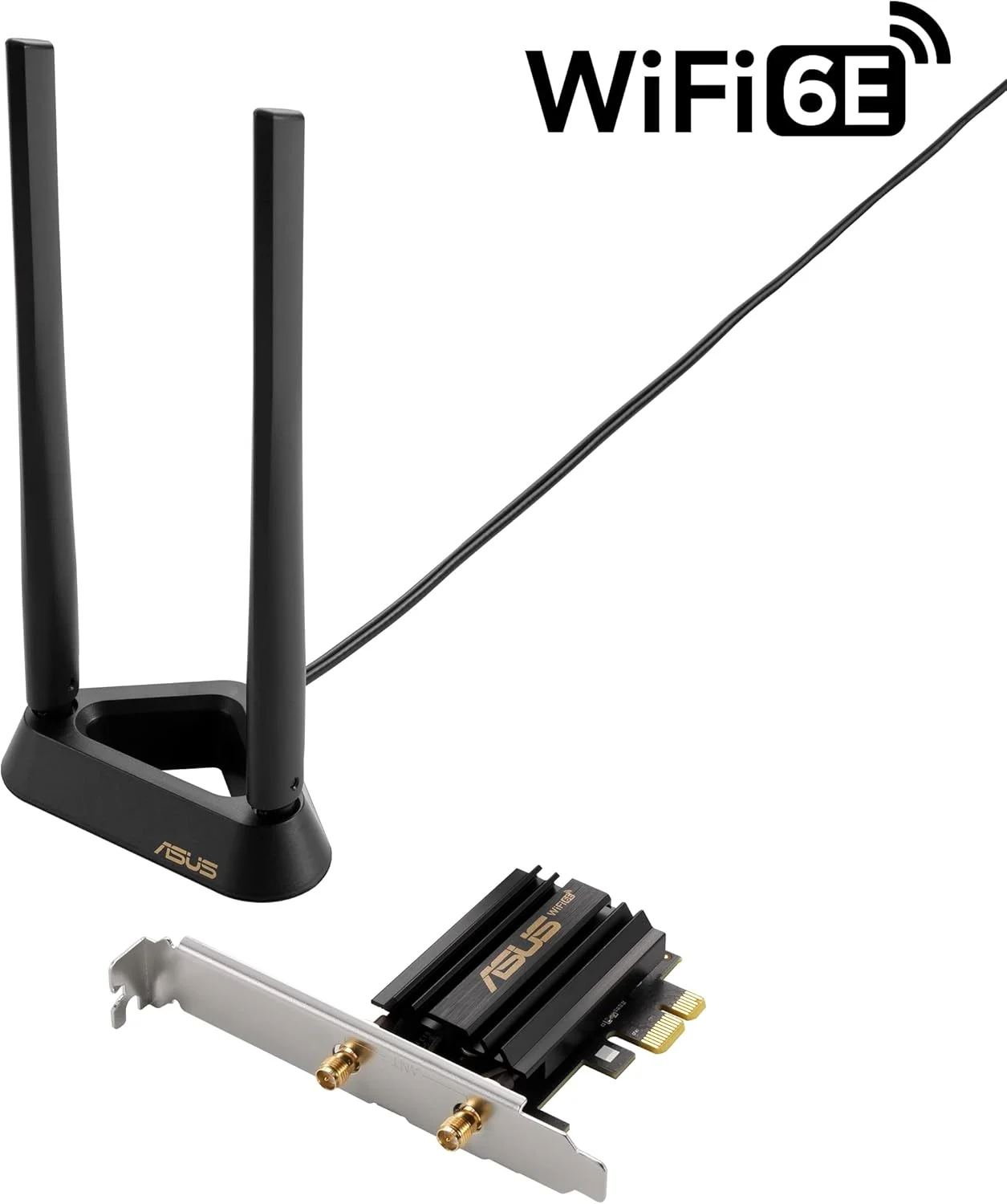 آداپتور ASUS PCE-AXE59BT WiFi6 6E AX5400 PCI-E با 2 آنتن خارجی و پایه مغناطیسی. پشتیبانی از باند 6 گیگاهرتز، 160 مگاهرتز، بلوتوث 5.2، امنیت شبکه WPA3، OFDMA و MU-MIMO آداپتور ASUS PCE-AXE59BT WiFi6 6E AX5400 PCI-E با 2 آنتن خارجی و پایه مغناطیسی. پشتیبانی از باند 6 گیگاهرتز، 160 مگاهرتز، بلوتوث 5.2، امنیت شبکه WPA3، OFDMA و MU-MIMO