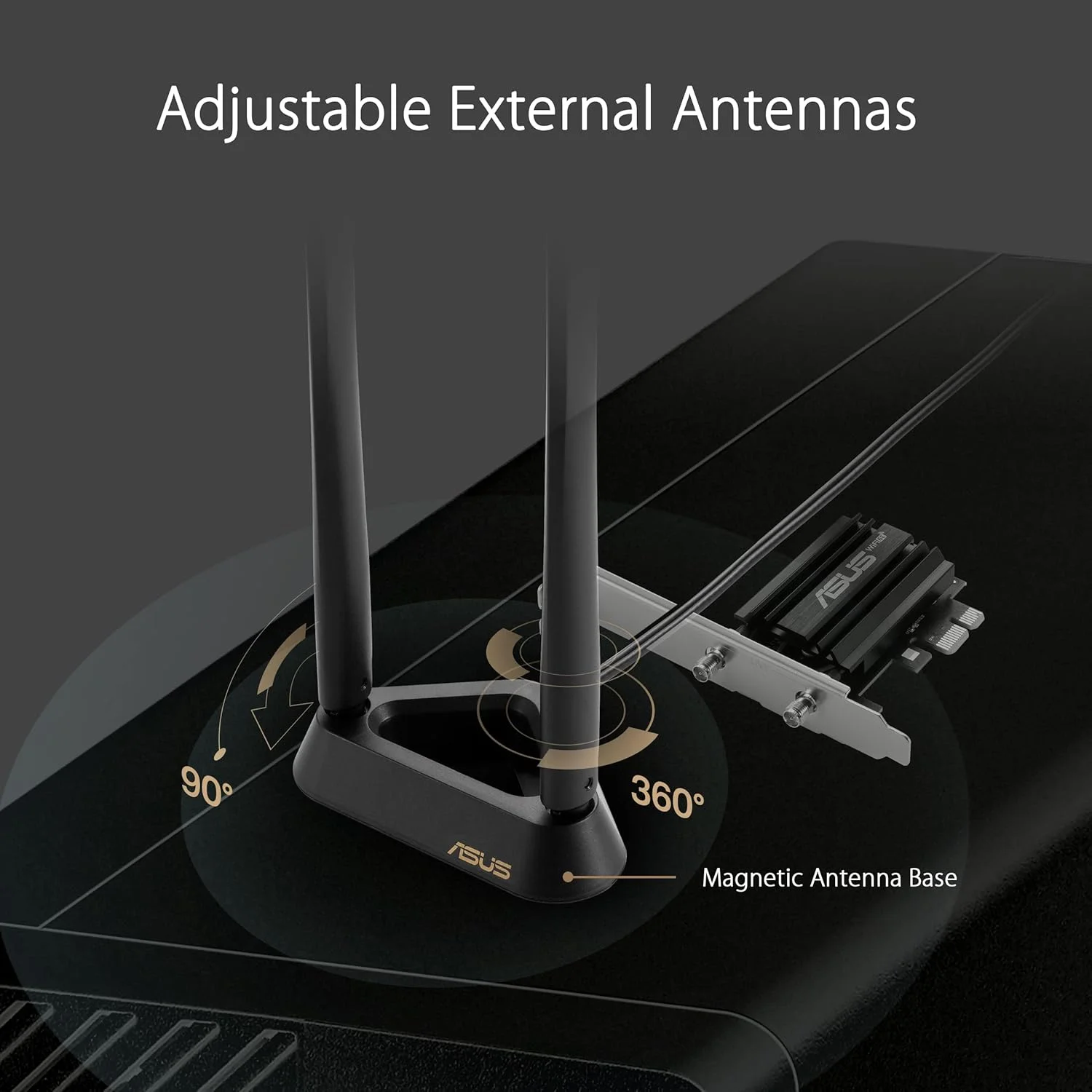 آداپتور ASUS PCE-AXE59BT WiFi6 6E AX5400 PCI-E با 2 آنتن خارجی و پایه مغناطیسی. پشتیبانی از باند 6 گیگاهرتز، 160 مگاهرتز، بلوتوث 5.2، امنیت شبکه WPA3، OFDMA و MU-MIMO آداپتور ASUS PCE-AXE59BT WiFi6 6E AX5400 PCI-E با 2 آنتن خارجی و پایه مغناطیسی. پشتیبانی از باند 6 گیگاهرتز، 160 مگاهرتز، بلوتوث 5.2، امنیت شبکه WPA3، OFDMA و MU-MIMO