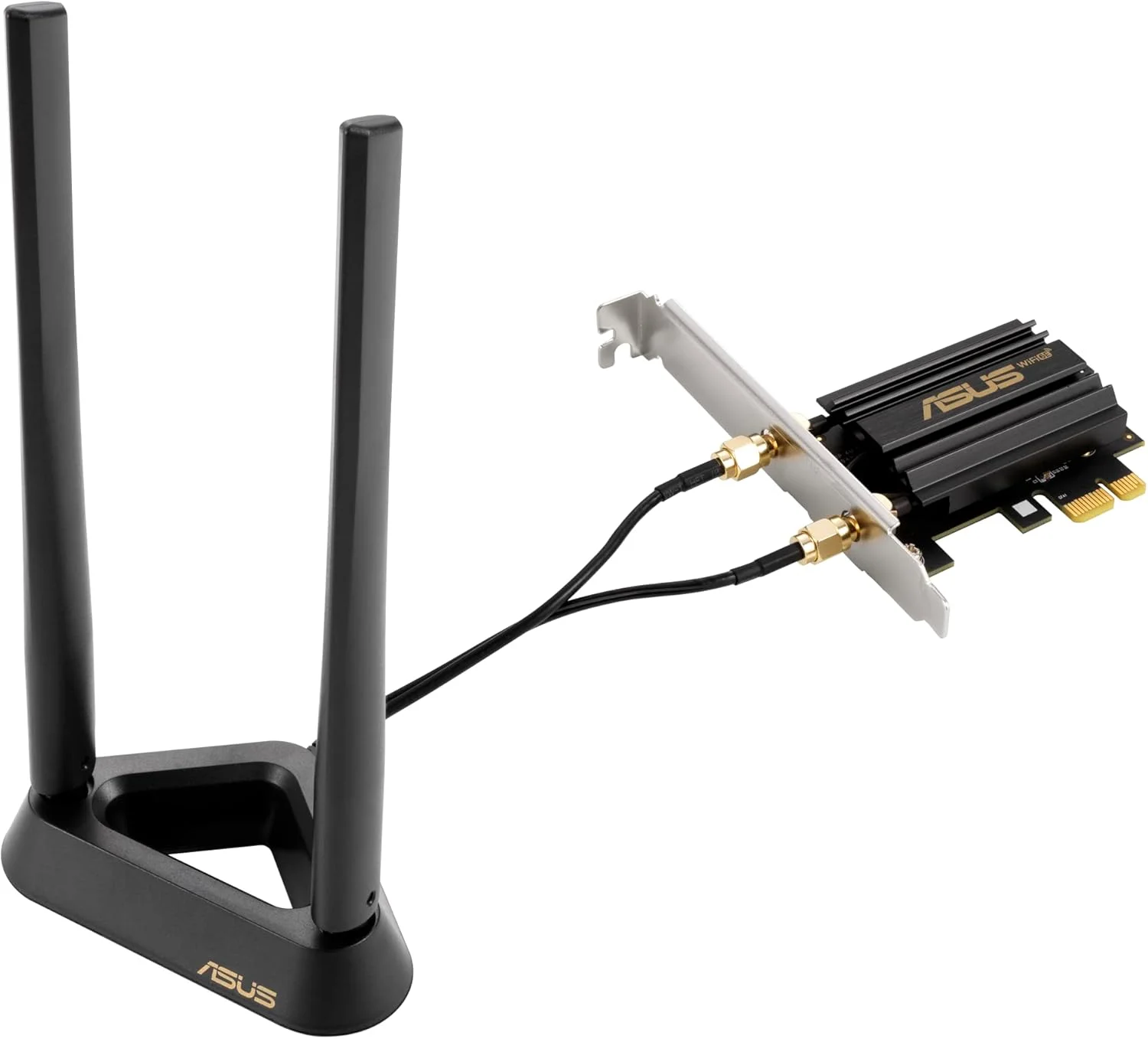 آداپتور ASUS PCE-AXE59BT WiFi6 6E AX5400 PCI-E با 2 آنتن خارجی و پایه مغناطیسی. پشتیبانی از باند 6 گیگاهرتز، 160 مگاهرتز، بلوتوث 5.2، امنیت شبکه WPA3، OFDMA و MU-MIMO آداپتور ASUS PCE-AXE59BT WiFi6 6E AX5400 PCI-E با 2 آنتن خارجی و پایه مغناطیسی. پشتیبانی از باند 6 گیگاهرتز، 160 مگاهرتز، بلوتوث 5.2، امنیت شبکه WPA3، OFDMA و MU-MIMO