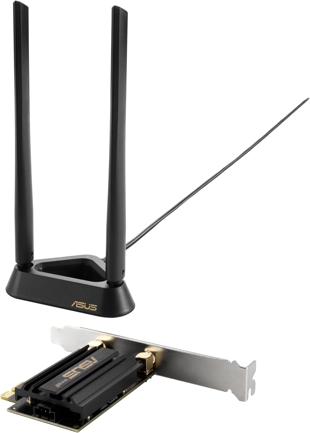 آداپتور ASUS PCE-AXE59BT WiFi6 6E AX5400 PCI-E با 2 آنتن خارجی و پایه مغناطیسی. پشتیبانی از باند 6 گیگاهرتز، 160 مگاهرتز، بلوتوث 5.2، امنیت شبکه WPA3، OFDMA و MU-MIMO آداپتور ASUS PCE-AXE59BT WiFi6 6E AX5400 PCI-E با 2 آنتن خارجی و پایه مغناطیسی. پشتیبانی از باند 6 گیگاهرتز، 160 مگاهرتز، بلوتوث 5.2، امنیت شبکه WPA3، OFDMA و MU-MIMO