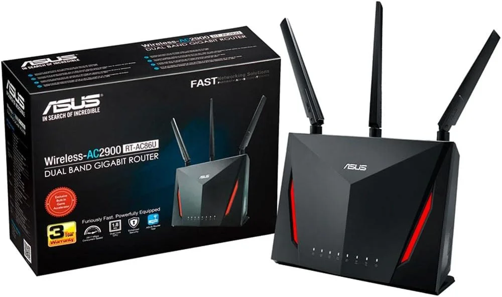 روتر گیمینگ وای فای ASUS AC2900 (RT-AC86U) - روتر اینترنت بی سیم گیگابیتی دو بانده، شتاب دهنده بازی WTFast، استریمینگ، سازگار با AiMesh، امنیت اینترنت مادام العمر روتر گیمینگ وای فای ASUS AC2900 (RT-AC86U) - روتر اینترنت بی سیم گیگابیتی دو بانده، شتاب دهنده بازی WTFast، استریمینگ، سازگار با AiMesh، امنیت اینترنت مادام العمر