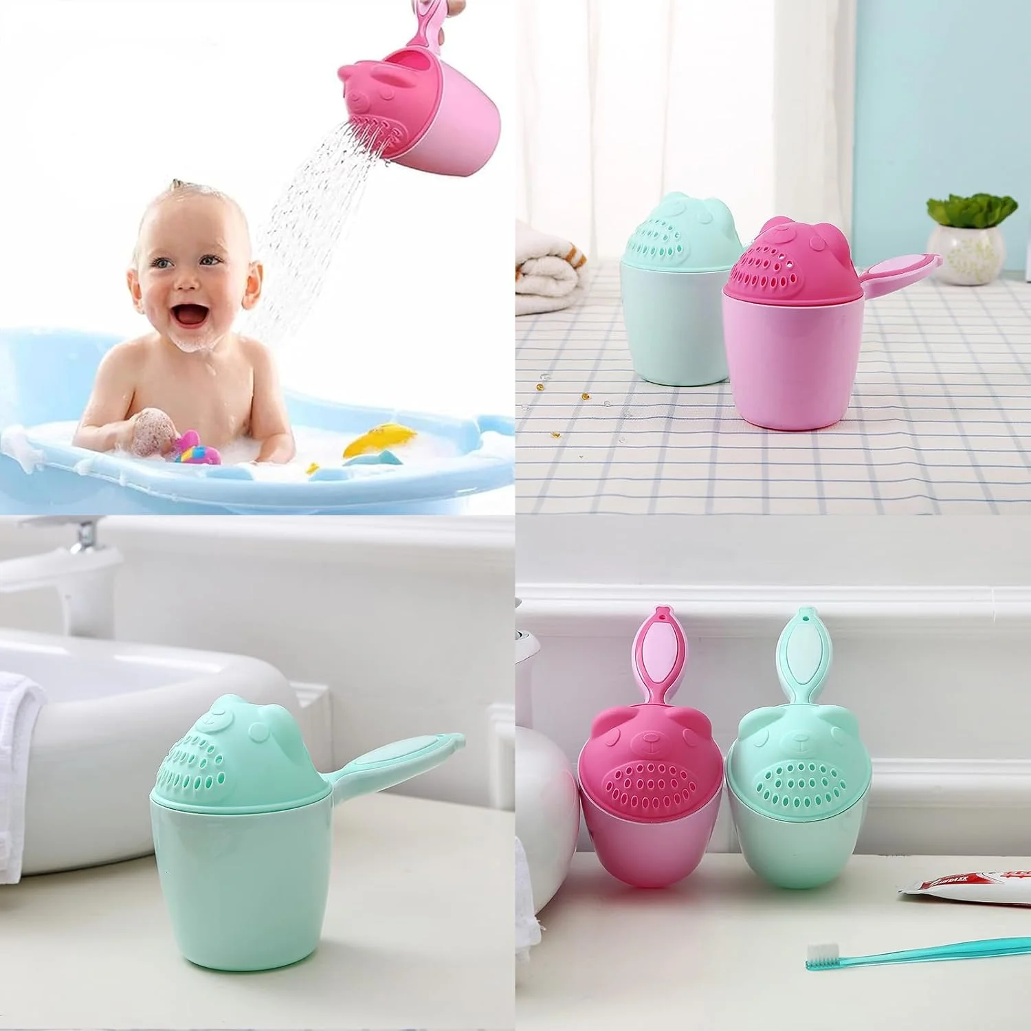 فنجان آبکشی حمام کودک 2 عددی، آبکشی شامپو با دسته، لوازم جانبی حمام برای وان کودک، فنجان های شستشوی ملایم کودک، ریختن آسان، ابزار حمام ایمن و بادوام
