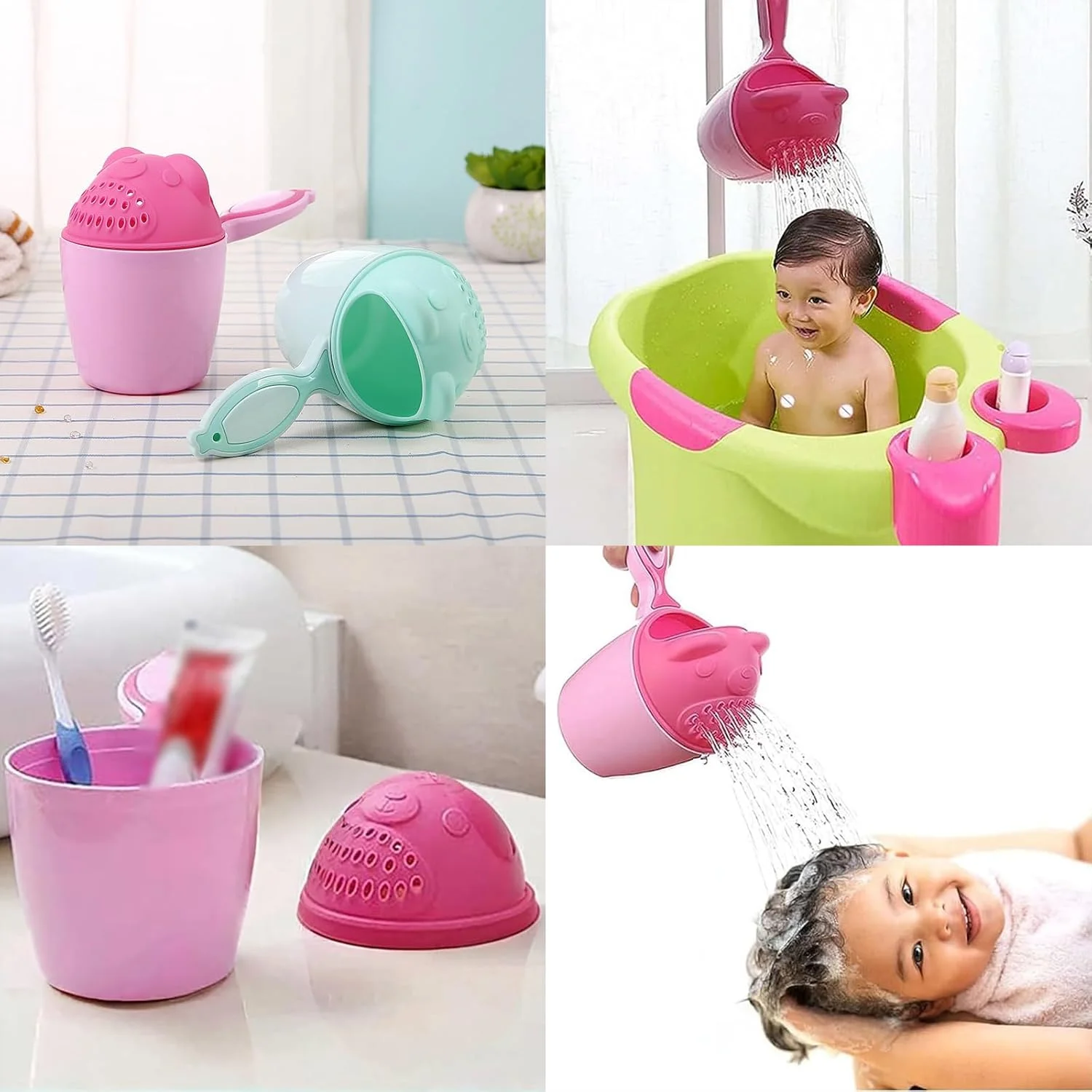فنجان آبکشی حمام کودک 2 عددی، آبکشی شامپو با دسته، لوازم جانبی حمام برای وان کودک، فنجان های شستشوی ملایم کودک، ریختن آسان، ابزار حمام ایمن و بادوام