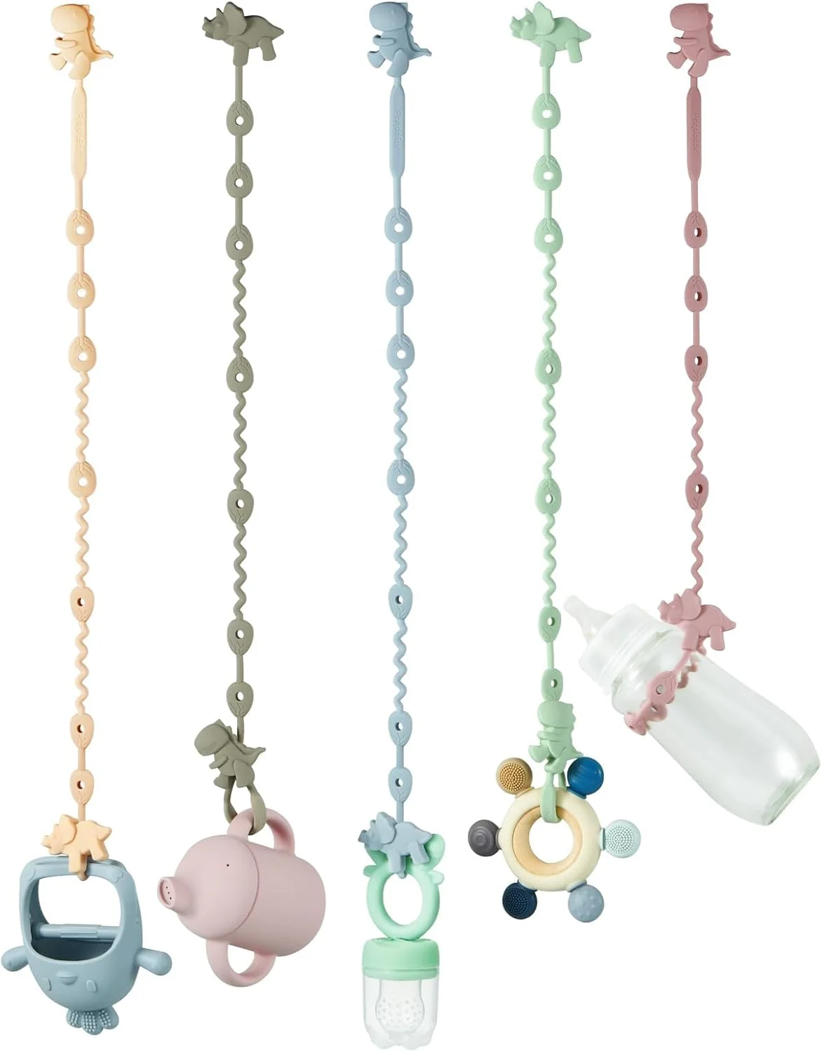 بند اسباب بازی کودک PandaEar - بسته 5 عددی بند سیلیکونی پستانک و دندان گیر طرح دایناسور - نگهدارنده اسباب بازی کودک قابل تنظیم برای شیشه شیر، کالسکه، صندلی غذا و تخت نوزاد بند اسباب بازی کودک PandaEar - بسته 5 عددی بند سیلیکونی پستانک و دندان گیر طرح دایناسور - نگهدارنده اسباب بازی کودک قابل تنظیم برای شیشه شیر، کالسکه، صندلی غذا و تخت نوزاد