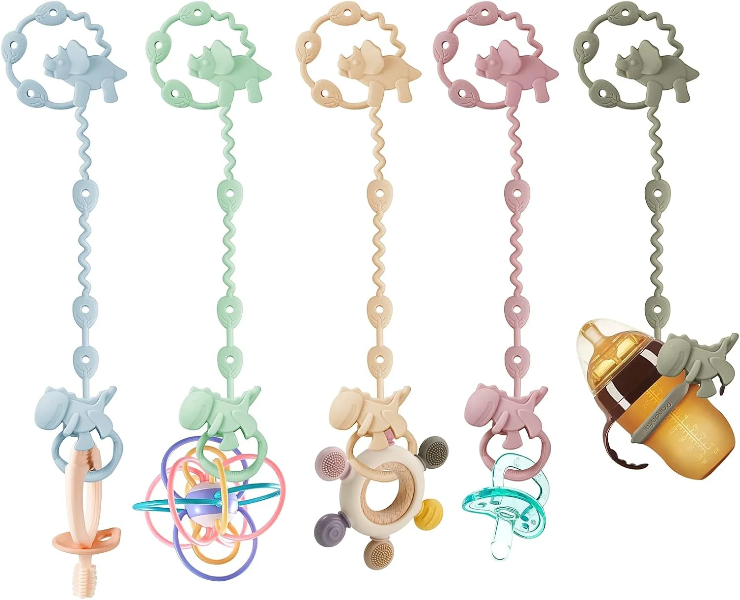 بند اسباب بازی کودک PandaEar - بسته 5 عددی بند سیلیکونی پستانک و دندان گیر طرح دایناسور - نگهدارنده اسباب بازی کودک قابل تنظیم برای شیشه شیر، کالسکه، صندلی غذا و تخت نوزاد بند اسباب بازی کودک PandaEar - بسته 5 عددی بند سیلیکونی پستانک و دندان گیر طرح دایناسور - نگهدارنده اسباب بازی کودک قابل تنظیم برای شیشه شیر، کالسکه، صندلی غذا و تخت نوزاد