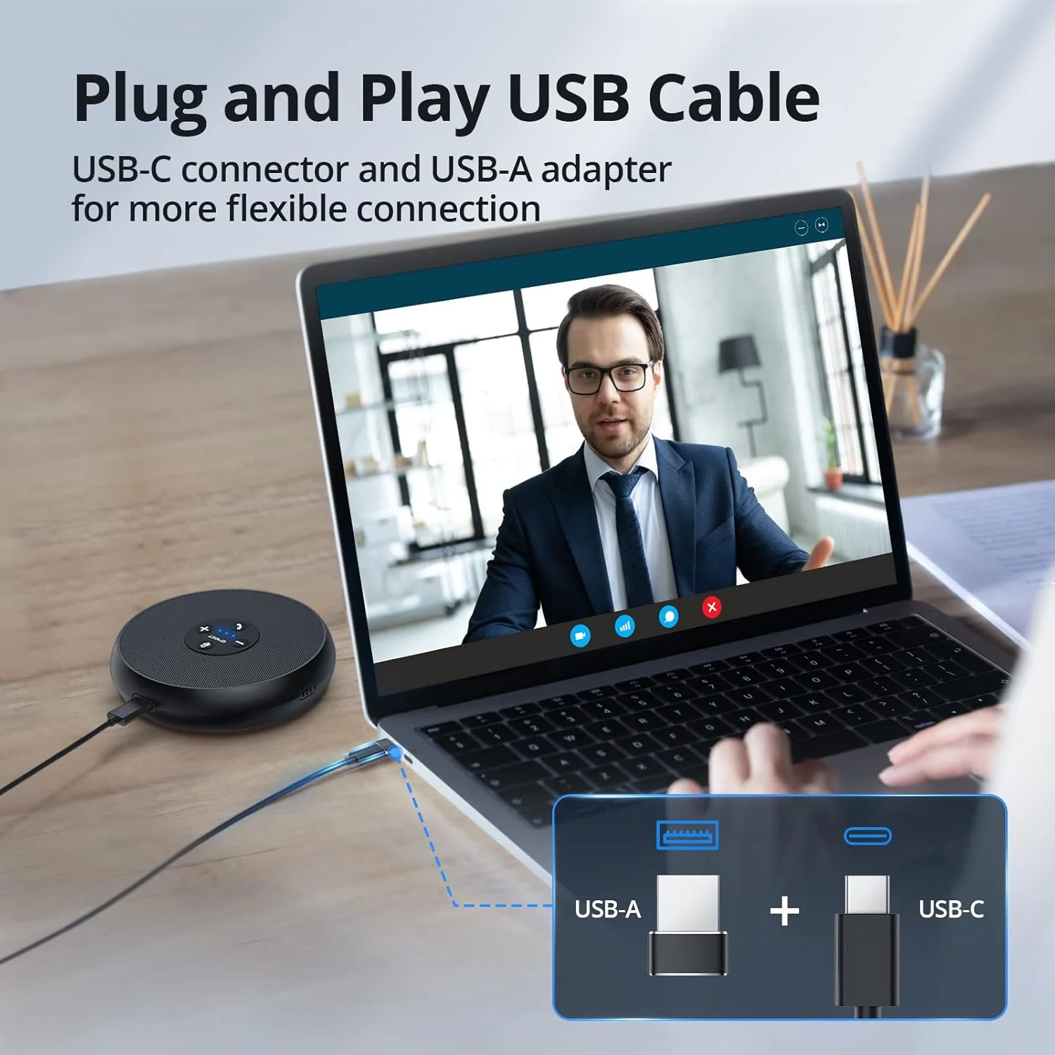 اسپیکرفون USB ایمیت مدل M1A دارای میکروفون های هوش مصنوعی با گواهینامه Zoom، دریافت صدای 360 درجه، اتصال Plug&Play از طریق USB Type C-A، اسپیکرهای کامپیوتر با میکروفون، قطع سریع صدا، کاهش نویز و حذف اکو مناسب برای 5-8 نفر برای Zoom Teams