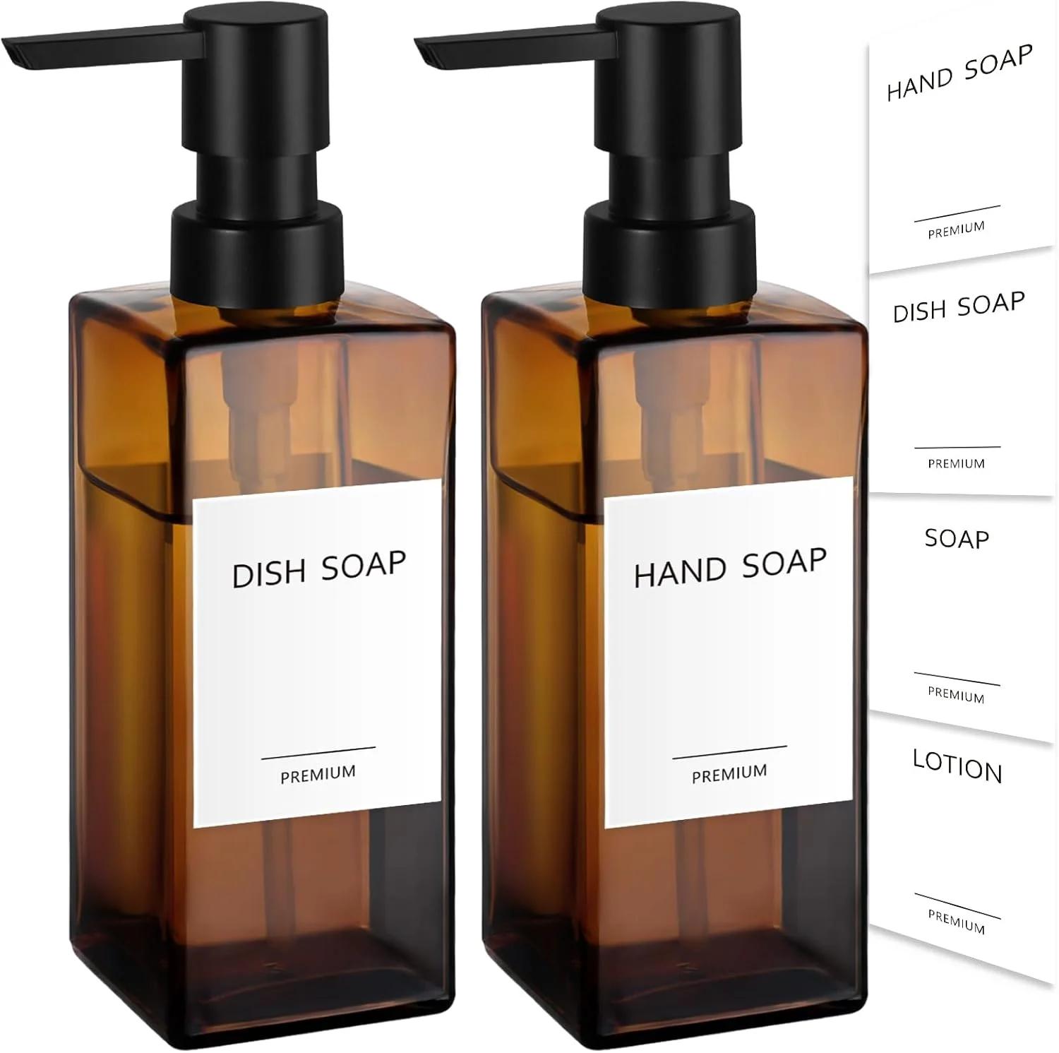 دیسپنسر مایع دستشویی شیشه‌ای کهربایی GMISUN، بسته 2 عددی، مناسب سرویس بهداشتی و آشپزخانه، 12 اونس، قابل پر کردن مجدد، همراه با برچسب ضد آب، مناسب لوسیون و صابون